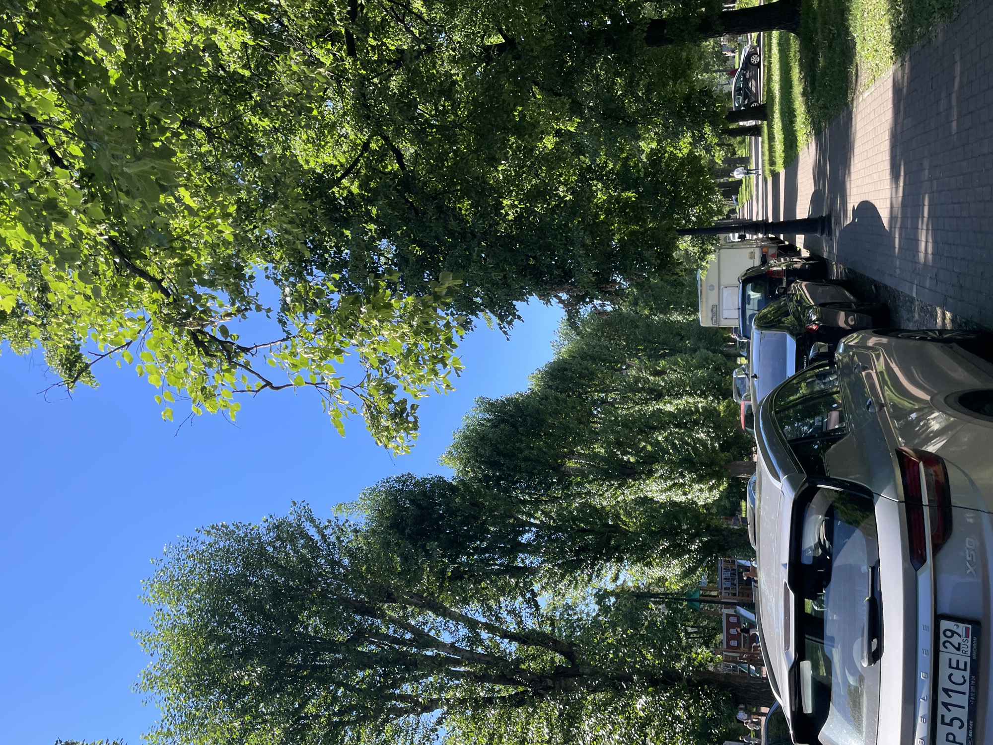 On a sunny day in Saint Petersburg, Russia, cars are parked along a tree-lined street. A silver SUV is parked in the foreground, with a license plate that reads "P511CE 29 RUS." Beyond it, other cars are parked along the curb. A paved sidewalk runs alongside the street, shaded by the leafy trees. A street lamp stands on the sidewalk. In the distance, a person is walking, and there is a playground with children visible behind some trees. The sky is clear and blue, and the sun casts shadows on the ground.