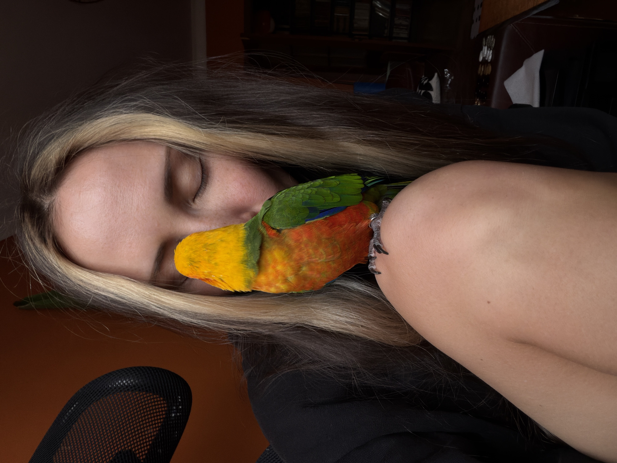 A woman is sleeping with her eyes closed while a colorful parrot rests on her shoulder. The parrot has green, yellow, orange, and blue feathers. The woman has long, dark hair with blonde highlights. She is wearing a black garment. A black mesh chair is visible in the foreground. The background is dimly lit, with hints of a brown shelf or cabinet and a lighter orange wall. It is not possible to determine the exact location in the city of Khimki, Russia, from the image.