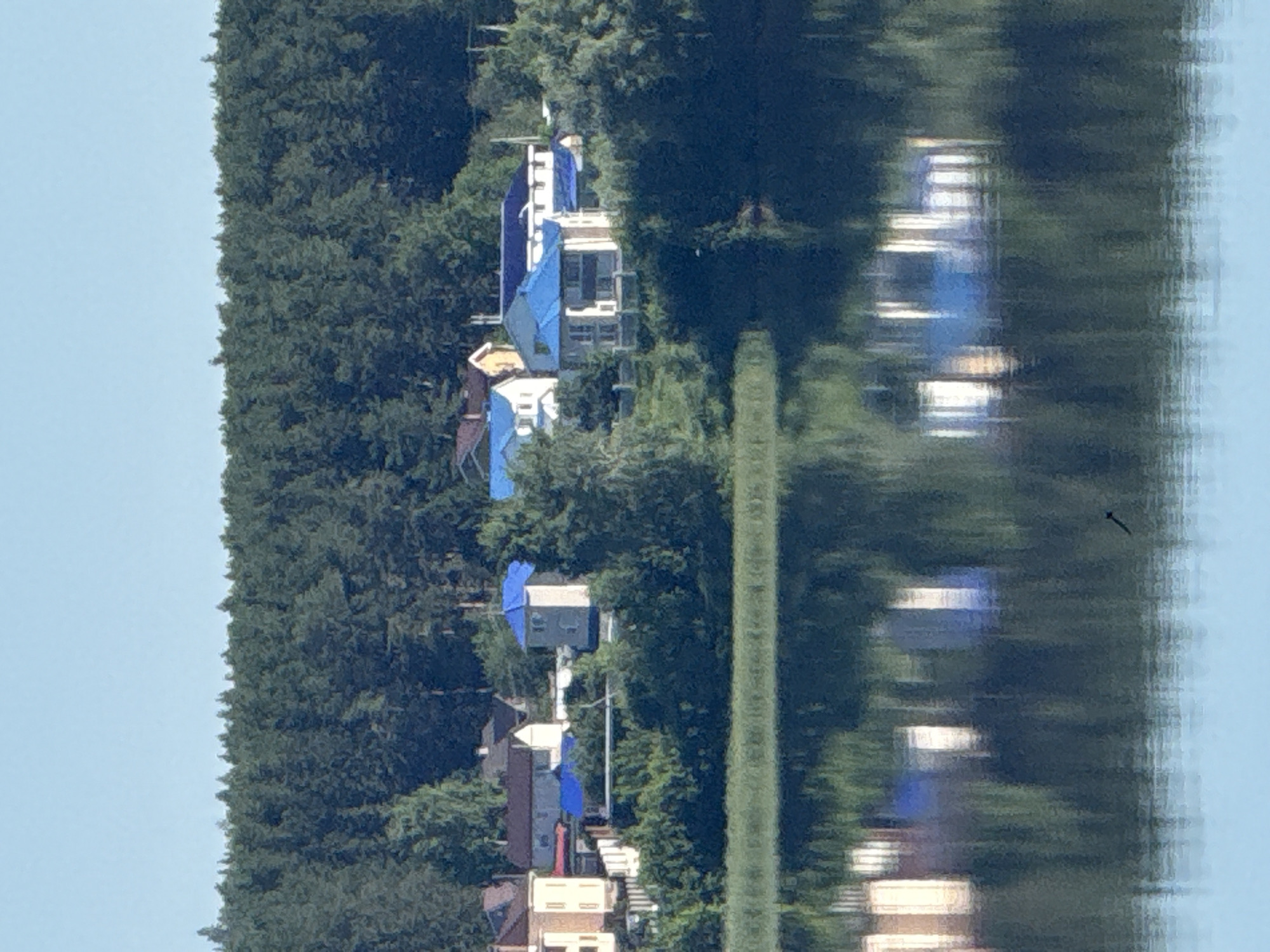 The image depicts a serene waterscape in Votkinsk, Russia, with a collection of residential buildings nestled behind a dense line of coniferous trees on a gentle incline. The buildings feature a variety of architectural styles, with some having blue roofs. The foreground is dominated by a calm body of water, reflecting the trees and buildings, creating a mirror-like effect. The sky above is a clear, pale blue. The scene conveys a sense of peaceful, rural life with a backdrop of natural beauty.