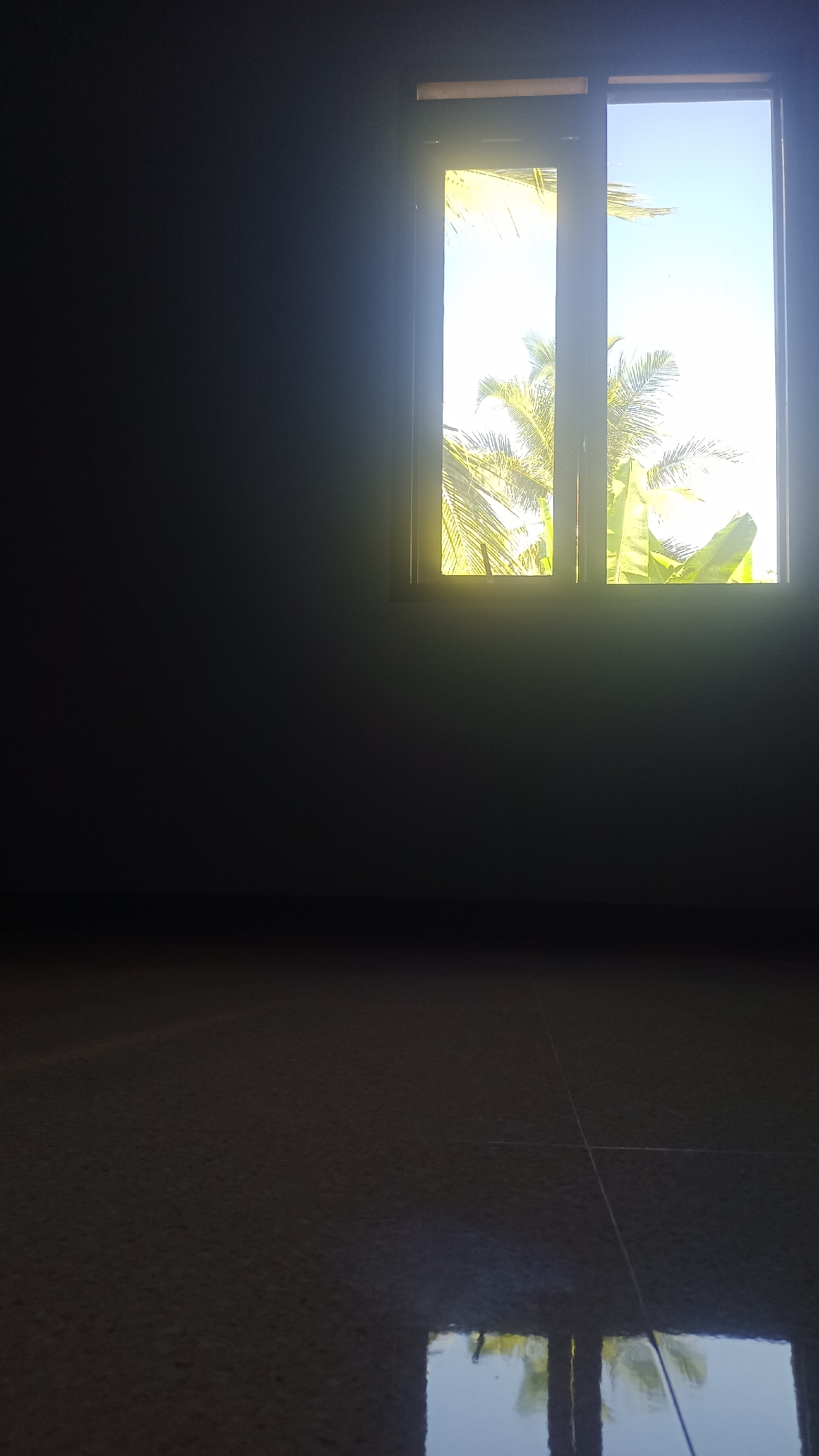 This image depicts an interior scene looking out through a window. The room appears to be dark, with the floor being a glossy, tiled surface that reflects the light from the window. The window itself is divided into two panes and offers a view of lush green foliage, likely palm trees and banana leaves, against a bright blue sky. The sunlight is strong, casting a bright glare through the window and illuminating the leaves with a warm, yellow hue. The location is identified as Pakemitan, Indonesia. There are no people or specific actions visible in the image.