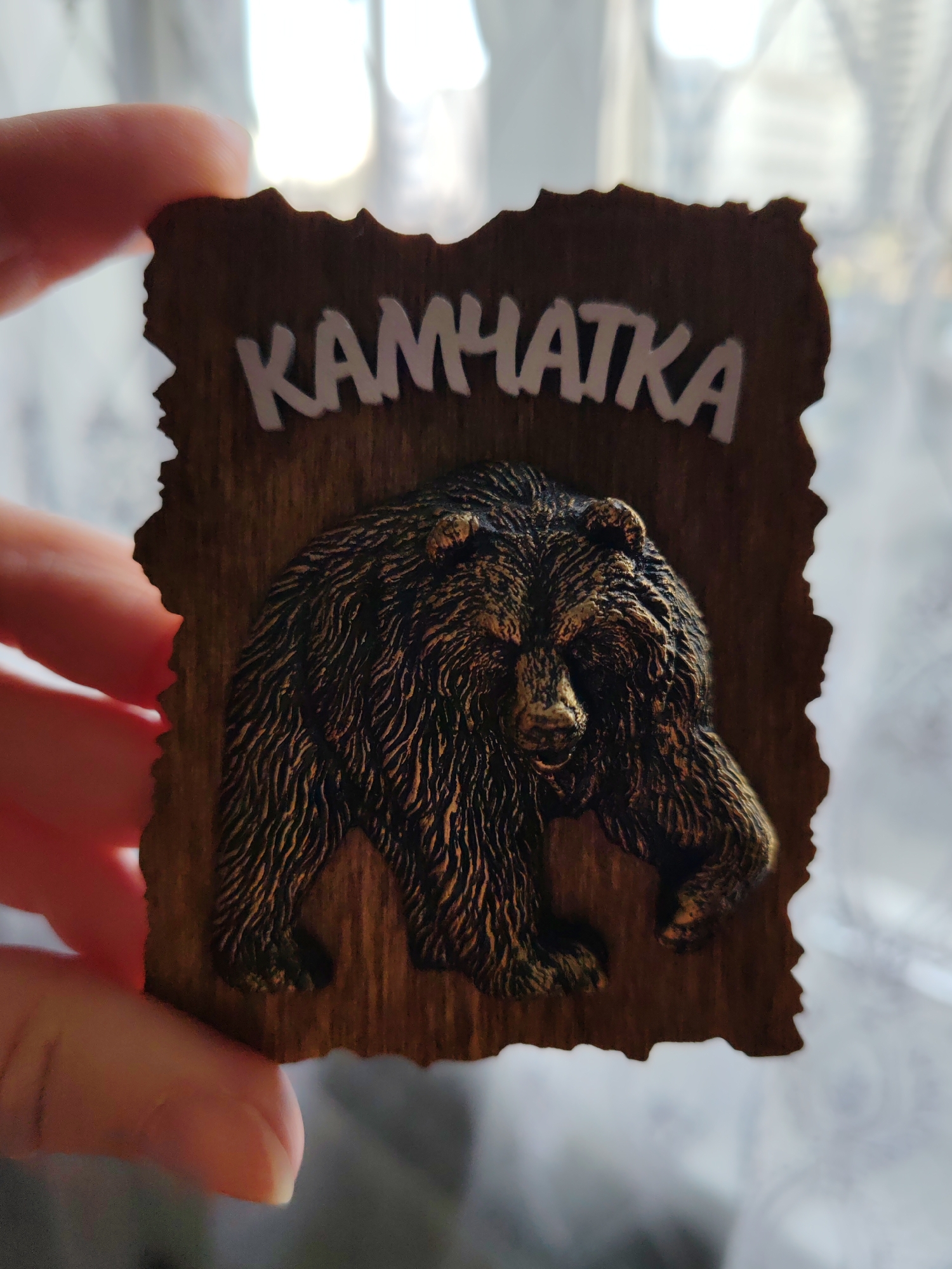 A person's hand holds a dark brown, rectangular souvenir plaque with an irregularly shaped, jagged border. The plaque, which appears to be made of wood or a similar material, features a visible grain texture. At the top, the word "КАМЧАТКА" (Kamchatka) is prominently displayed in raised, white, uppercase Cyrillic letters. Below the text, a three-dimensional, embossed image of a brown bear dominates the center of the plaque. The bear is depicted in a walking or standing posture, facing slightly to the right, with intricately detailed fur texture that exhibits a subtle metallic, bronze-like sheen in areas.
Fingers of the hand are visible along the left edge of the plaque, and a thumb supports it from the bottom. The background is brightly illuminated and out of focus, indicating an indoor setting, likely near a window, during daylight hours. The soft, diffused light creates a gentle bokeh effect, emphasizing the souvenir as the main subject. The image captures the act of someone holding and possibly admiring this memento from Kamchatka, with the photo itself taken in Saint Petersburg, Russia.