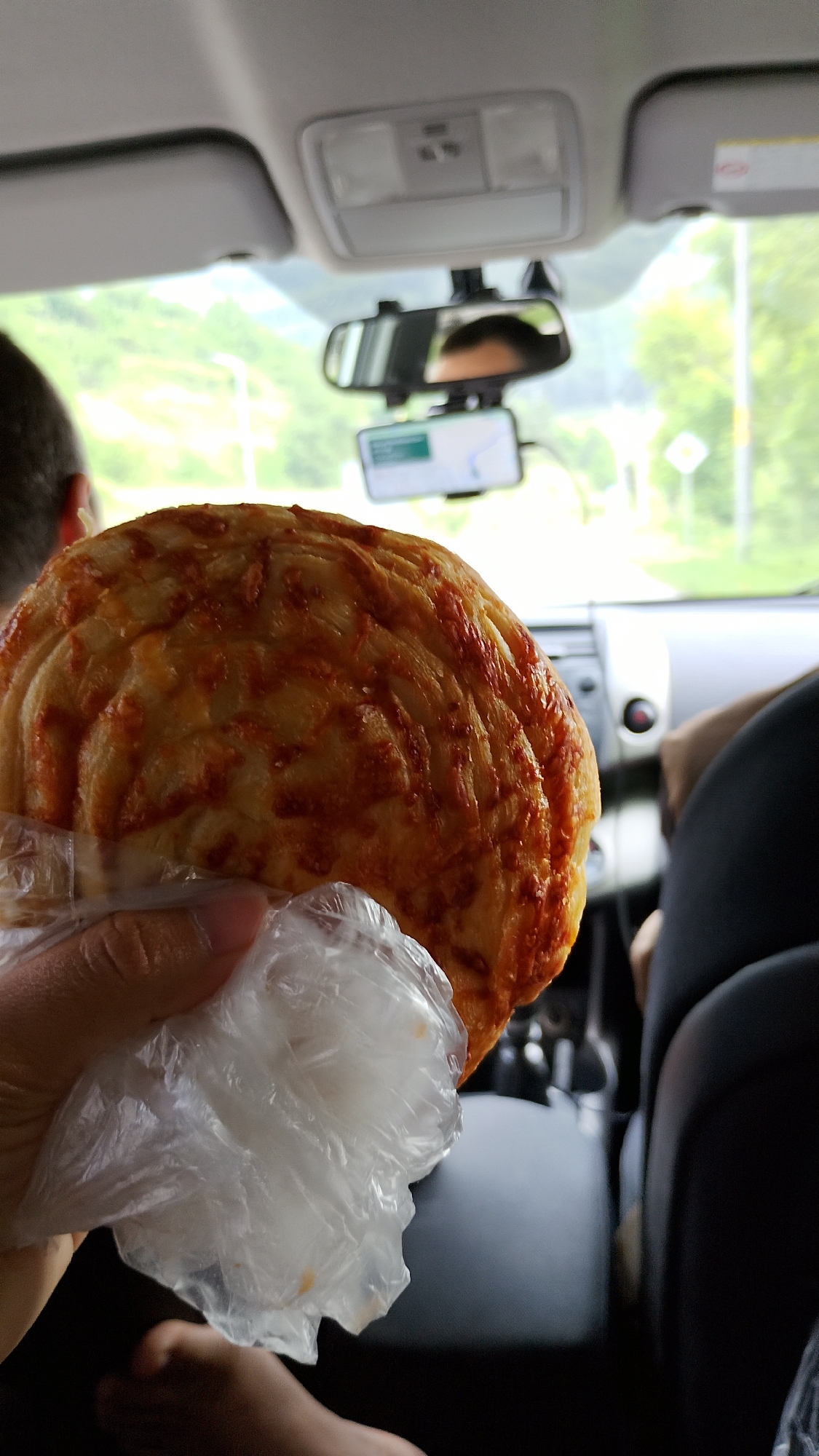 A person is holding a pastry covered in what appears to be tomato sauce and cheese, wrapped in a clear plastic bag, inside a vehicle. The pastry is round with visible concentric layers and a textured surface. The interior of the car is visible, including the dashboard, rearview mirror with a smartphone mounted below it, and a sun visor. The person's hand and forearm are in the foreground, holding the pastry. The background shows a blurred view through the car's windows, suggesting an outdoor environment with greenery and trees, possibly along a road or in a rural area. The overall scene depicts a moment of eating or holding food while traveling in a car. The image does not provide specific geographical information that would allow it to be placed within the city of Hvoina, Bulgaria.