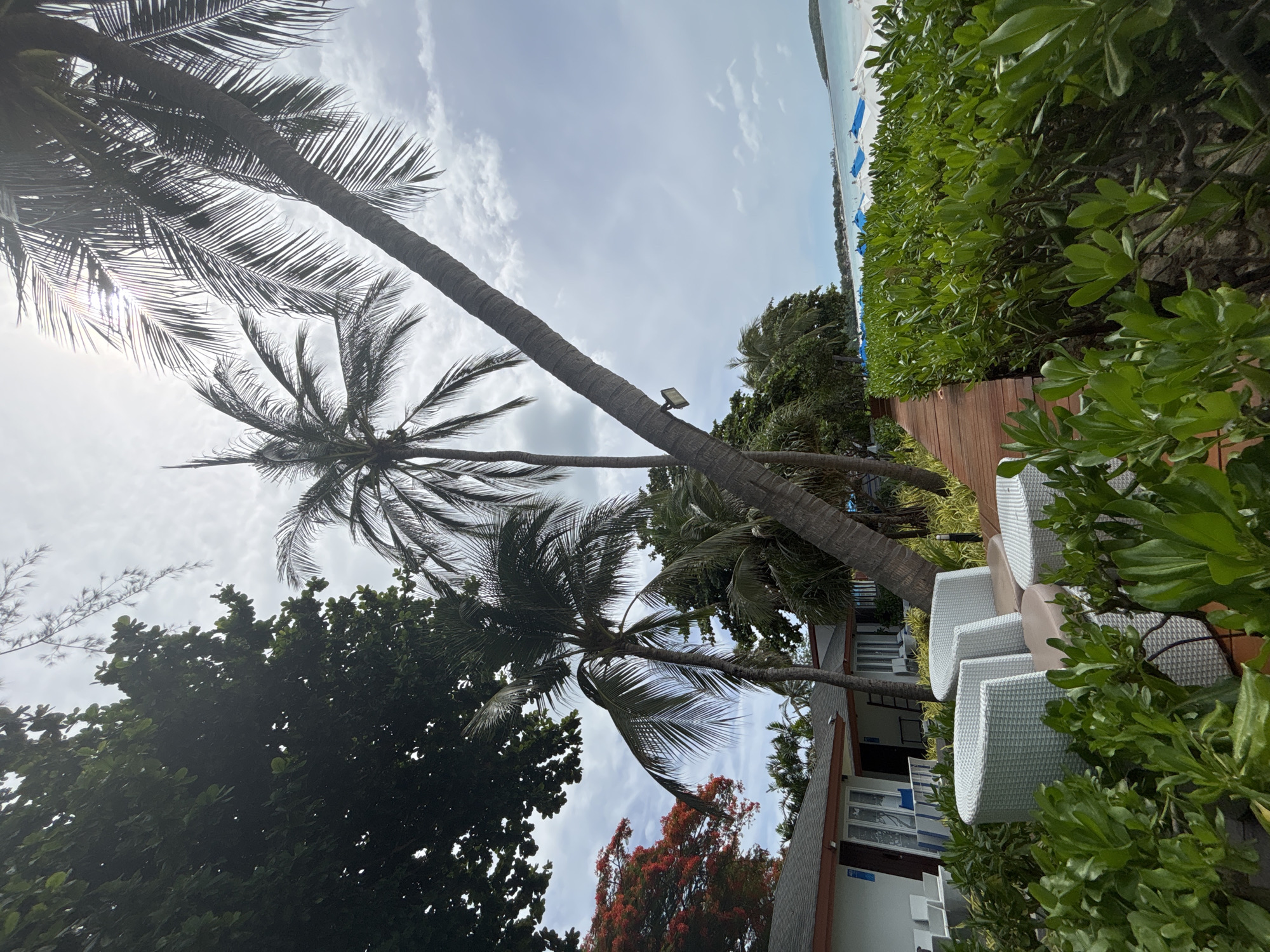 The image depicts a beachfront scene in Baan Chaweng, Thailand. In the foreground, lush green foliage frames a seating area with two white, woven chairs and a matching coffee table. Behind the seating area, a wooden walkway extends along the property. Further back, white buildings with dark roofs are visible, interspersed with palm trees. The sky above is overcast with scattered clouds. In the distance, the ocean meets the horizon, with a line of white umbrellas and beach chairs on the sandy shore. The overall scene suggests a tranquil resort or hotel environment.