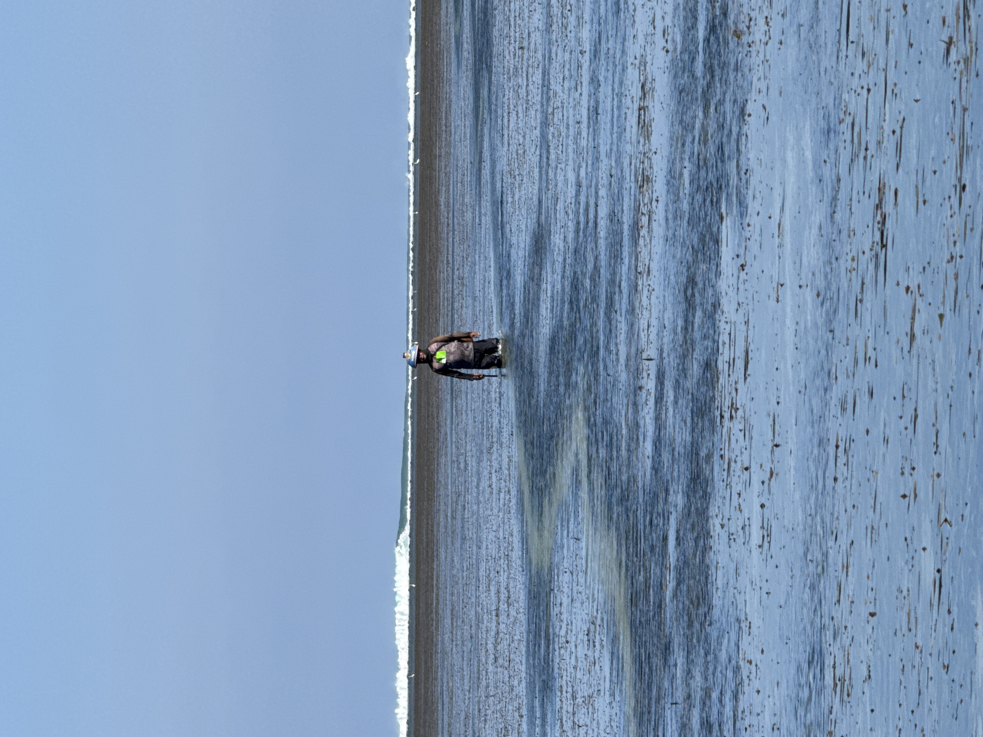 An individual wearing a hat and a dark shirt with a lime green vest is wading through shallow water on a beach. The water is reflective and shows ripples and streaks, with small darker debris scattered across its surface. In the background, a large wave is breaking on the horizon, and several small white birds are visible on the dark wet sand. The sky above is a clear, pale blue. The scene depicts a person walking in a coastal area, likely during low tide given the vast expanse of exposed wet sand. This location is likely Denpasar, Indonesia, known for its beaches and surf.