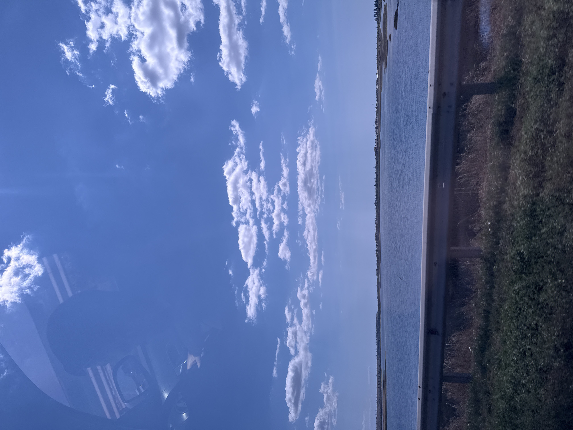 The image depicts a wide expanse of calm, blue water under a bright blue sky dotted with fluffy white clouds. In the foreground, a metal guardrail runs horizontally across the frame, separating the viewer from a patch of dry grass and vegetation. Beyond the guardrail, the water stretches out, with a distant, low-lying shoreline visible on the horizon. The shoreline appears to be lined with trees and some structures, suggesting a settled area. The overall impression is one of a serene, open landscape, possibly a coastal area or a large lake. There are no people visible in the image. The reflection of what appears to be a car's windshield and interior is visible in the upper left portion of the sky, indicating the photograph was taken from inside a vehicle. The location is identified as Koshary, Ukraine.