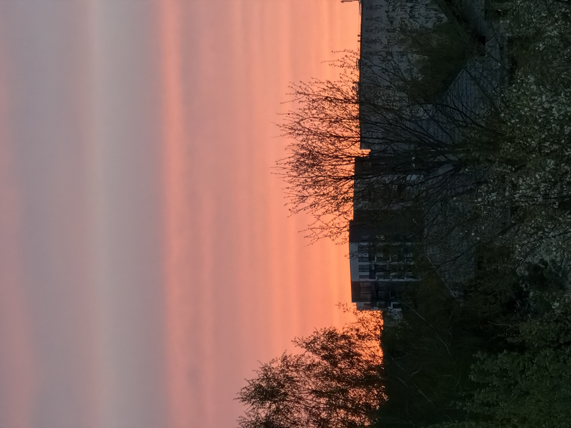 The image shows a sunset sky in Dreiliņi, Latvia. The sky is predominantly orange and pink. In the foreground, trees and a building silhouette are visible. The trees are bare, indicating it could be early spring or late autumn. The building appears to be a residential block. The image is taken from a high vantage point.