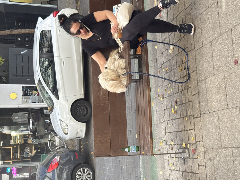 This image captures an urban street scene on Dizengoff Street in Tel-Aviv, Israel. A woman with dark hair, wearing sunglasses, a black t-shirt, black leggings, and black and white athletic shoes, is seated on a multi-sectional brown wooden slat bench. She holds a mobile phone to her right ear, while her left hand rests on a small, light-brown, shaggy-haired dog lying on an elevated wooden platform built into the bench. Her left hand also holds a clear glass containing a dark beverage, and a white canvas tote bag with blue graphics hangs from her left side. The dog is attached to a blue braided leash, which extends to the paved sidewalk. To the woman's left, a green glass bottle of San Pellegrino sparkling water sits on the bench. The sidewalk features light-colored pavers and is sparsely covered with scattered yellow, red, and brown leaves. A green painted line is visible on the sidewalk's edge near the street. Behind the bench, a dark grey hatchback car is parked, followed by a white Mitsubishi Mirage hatchback. In the background, a storefront with large glass windows displays the name "JILLBERT," with clothing and other items visible inside. A circular yellow sign is mounted on the building facade above the store entrance.