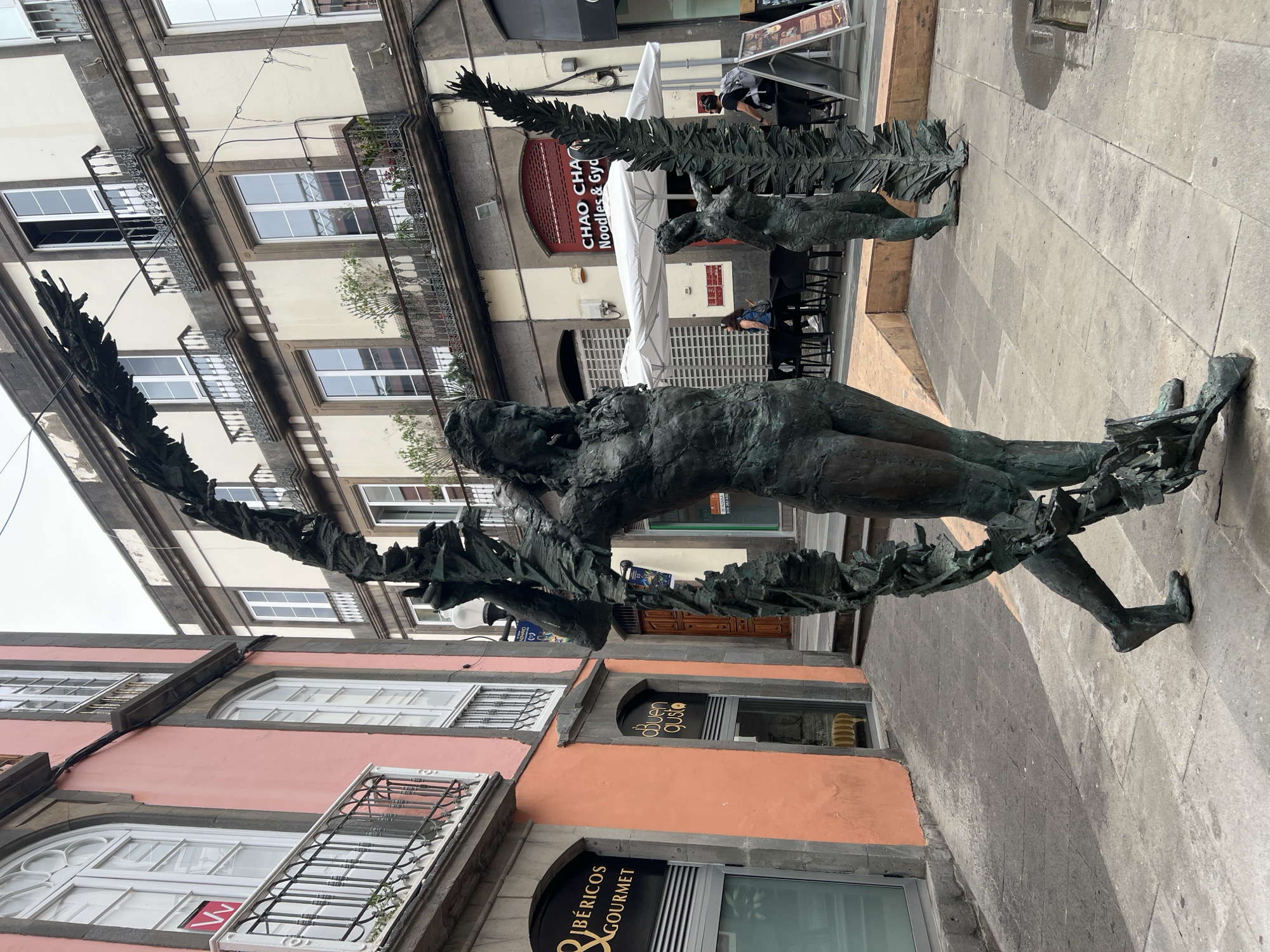 Here is a description of the image:
The photograph depicts a bronze sculpture in Las Palmas De Gran Canaria, Spain. The sculpture features figures intertwined with what appears to be abstract plant forms. The figures seem to be human-like and possibly engaged in an interaction. The sculpture is set against the backdrop of a street with buildings, including restaurants and shops. The architecture of the buildings is varied, with traditional elements like balconies. People can be seen in the background, and there are signs and storefronts visible, indicating a commercial area. The lighting suggests that it is daytime.