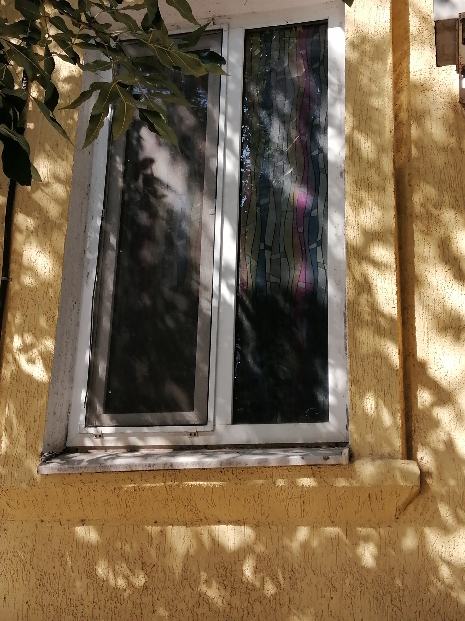 This is a medium shot, taken from a slightly low angle, of a tall, narrow window on the exterior of a building. The building's facade is a textured, yellow stucco. A tree branch with dark green leaves hangs into the frame from the upper left corner, casting shadows on the wall and window. The window itself is divided into two panes by a white frame. The left pane appears to have a screen and reflects shadows of leaves. The right pane is covered with a decorative film featuring abstract, wavy patterns in shades of black, blue, pink, and yellow. Sunlight creates dappled shadows on the yellow wall. The windowsill is visible below the window, and it is made of a lighter colored stone or concrete. The overall impression is of an outdoor scene, likely in a residential or commercial area, on a sunny day. The location of Rostov-on-Don, Russia is not evident from the visual information alone and would require external knowledge or context.