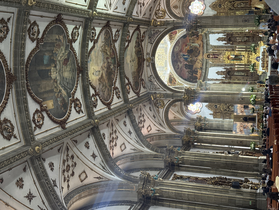 The image depicts the interior of the Metropolitan Cathedral of the Assumption of the Most Blessed Virgin Mary into Heaven (Catedral Metropolitana de la Asunción de la Santísima Virgen María a los Cielos) in Mexico City, Mexico. The perspective is from the nave, looking towards the main altar.
The ceiling is a high, vaulted structure adorned with elaborate white, gold, and dark grey decorative plasterwork in a Baroque or Rococo style. Multiple large, oval-framed oil paintings depicting religious scenes, such as the Last Supper and the Sermon on the Mount, are embedded within the ceiling panels. Natural light enters from an unseen source on the left, casting visible rays through the upper atmosphere.
Massive fluted columns with ornate gilded Corinthian capitals line both sides of the nave, supporting richly decorated arches. In the middle ground, numerous individuals are seated in dark wooden pews, facing the front of the cathedral. A temporary altar with a lectern is positioned in front of a large, decorative fabric backdrop, and a robed figure, presumably clergy, stands at this altar facing the congregation.
At the far end of the cathedral, the highly ornate main altarpiece, appearing gilded and intricate, features multiple religious statues and lit candles. Additional decorative elements, including gilded structures and possibly stained-glass windows, are visible in the alcoves along the side walls. The scene captures a religious service in progress within the grand cathedral setting.