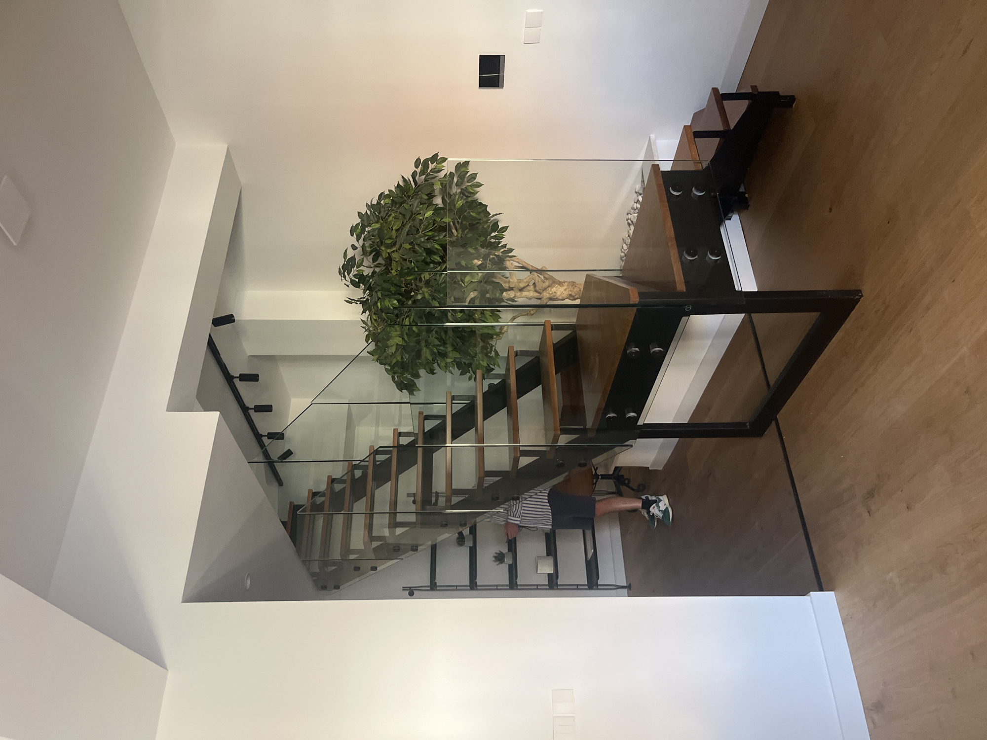 In the Agios Athanasios Municipality, Cyprus, a modern interior features a striking wooden and glass staircase with a black metal frame. The staircase ascends from a polished wooden floor, leading to an upper level. To the right of the stairs, a large artificial tree with dense green foliage stands near the glass railing. A person wearing a striped shirt and dark shorts is visible near the bottom of the staircase, interacting with a shelving unit. The walls are painted white, and recessed lighting is present in the ceiling. The overall scene conveys a sense of contemporary design and spaciousness.