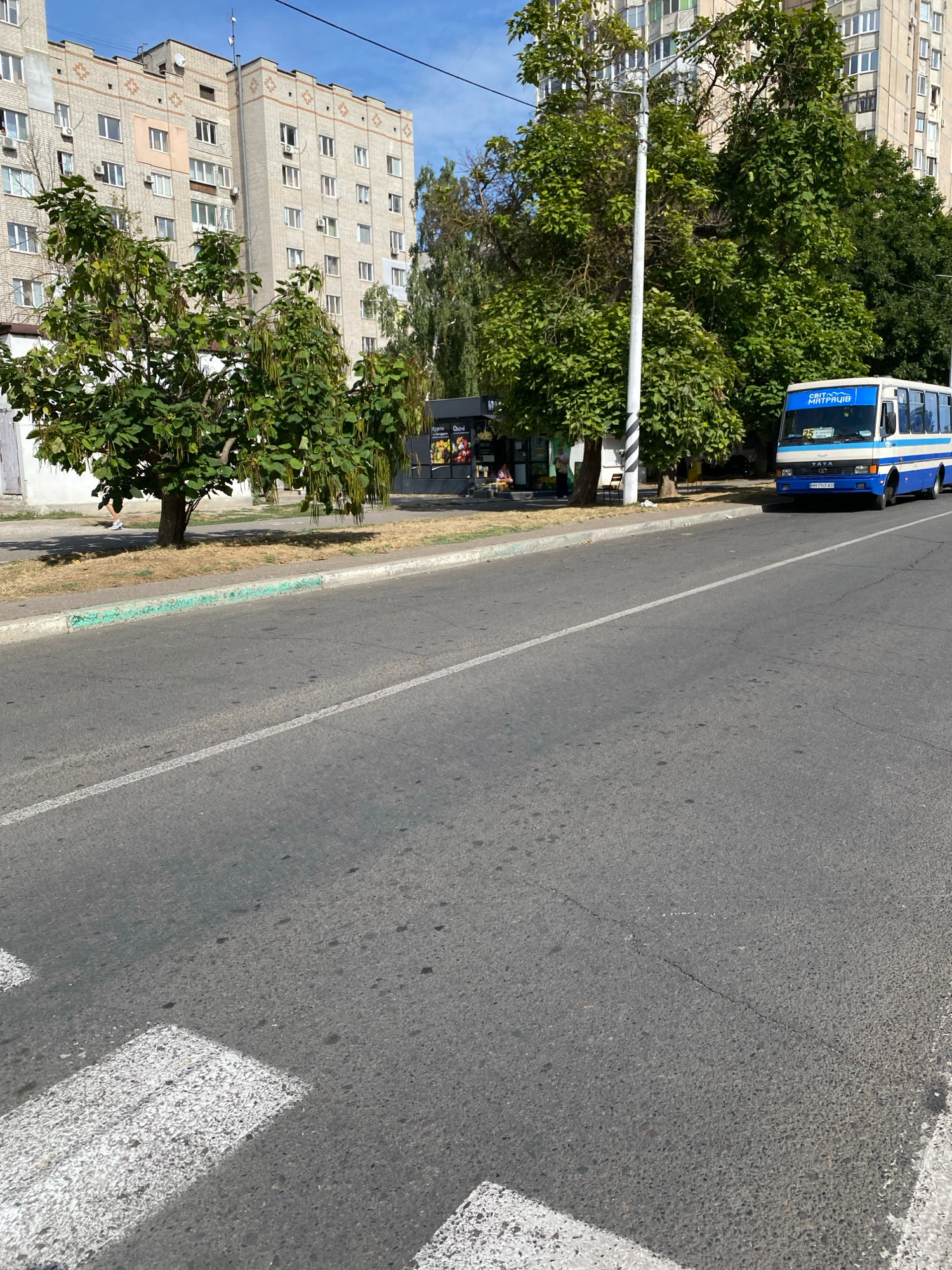 The image captures a street scene in Chornomorsk, Ukraine, on a sunny day. In the foreground, a pedestrian crossing is visible on an asphalt road. A white dashed line marks the center of the road. On the right side of the road, a blue and white bus with the number "25" on its front is parked. Above the bus, the text "СВІТ МАТРАЦІВ" is visible. Further back, a row of apartment buildings lines the street, characterized by beige brickwork and multiple windows. Green trees with dense foliage are interspersed along the sidewalk, with one tree prominently positioned in the middle ground. A sidewalk with a green-painted curb runs alongside the road and buildings. In the background, a clear blue sky with a few clouds completes the scene.