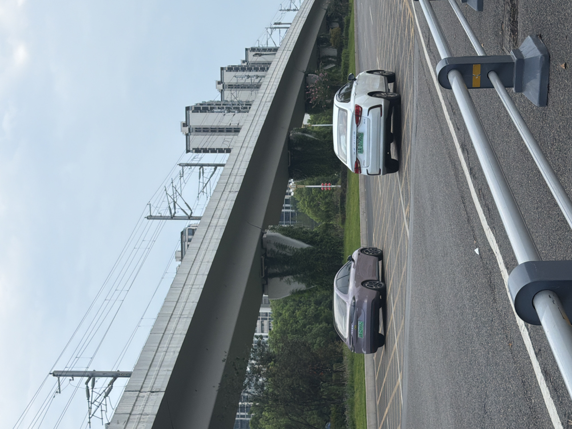 In Jiangjin, China, a light purple car and a white sedan are parked on a road beneath an elevated structure, possibly a highway or railway overpass. The elevated structure is supported by concrete pillars, some of which are overgrown with ivy. In the background, several tall apartment buildings are visible against a cloudy sky. The road has yellow diagonal parking lines. A metal guardrail runs along the foreground.