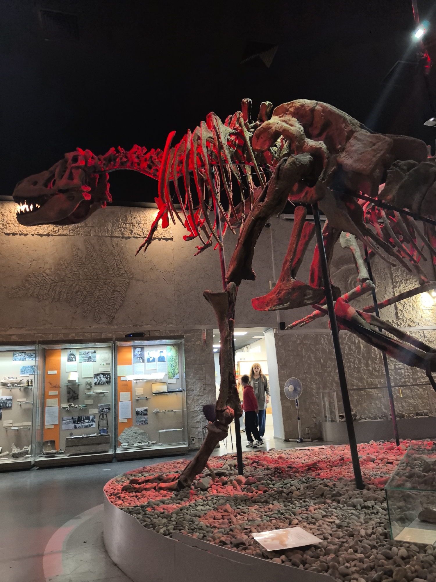 The image shows a museum exhibit featuring a large dinosaur skeleton. The skeleton is illuminated by red lighting, which casts a dramatic glow on the bones and the surrounding display. In the background, there are display cases containing artifacts and information about the dinosaur and its history. Two people are visible in the background, appearing to observe the exhibit. The overall environment suggests a museum setting, likely with a focus on paleontology. The city of Perm, Russia, is mentioned as the location.