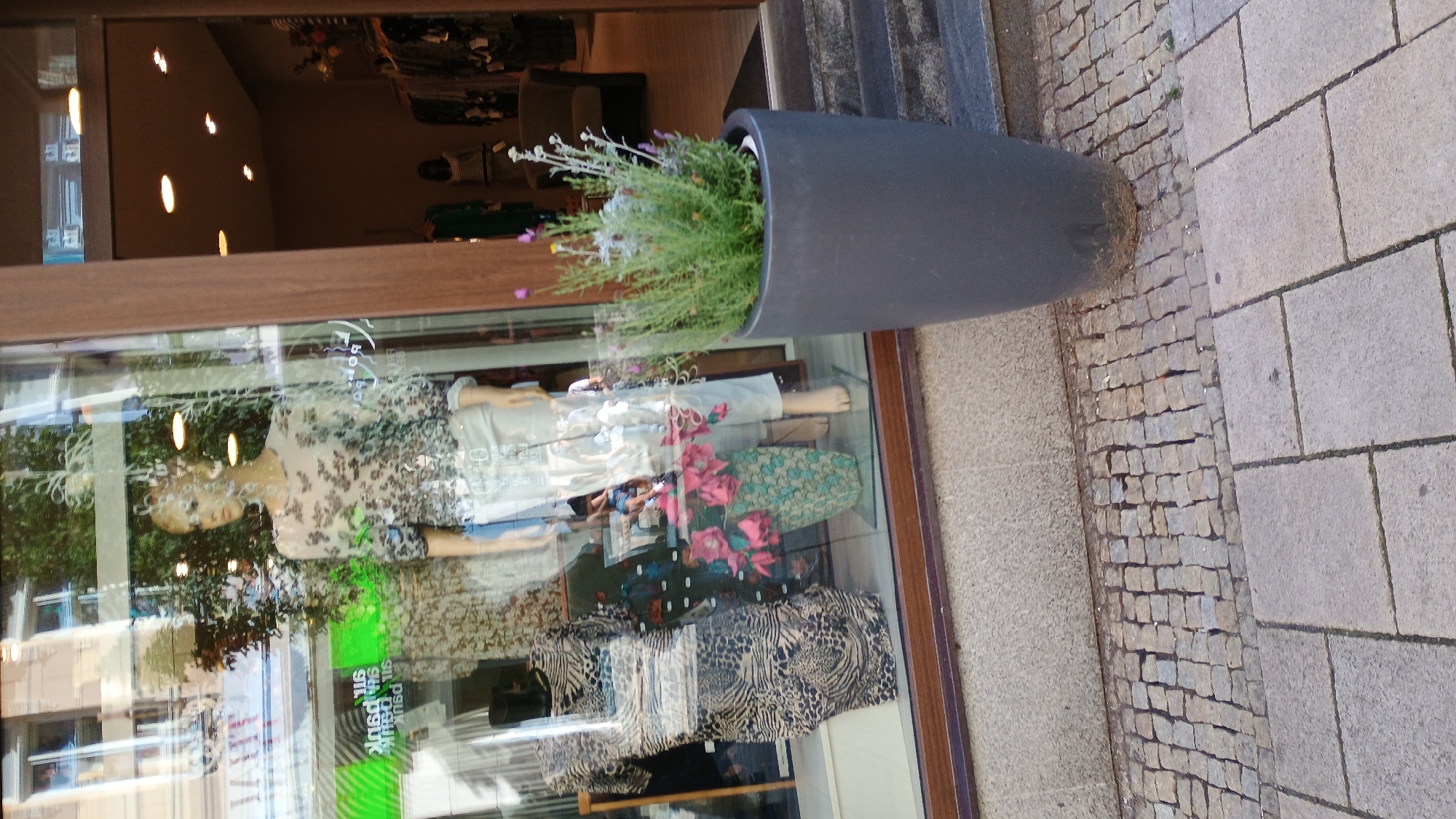 The image shows a storefront window display with a mannequin wearing a patterned blouse and light-colored pants. To the left of the mannequin is another display, a patterned dress on a form. In front of the display, there is a vase with pink flowers. A large dark gray planter with green plants is positioned outside the window in front of the store. The storefront appears to be on a street with cobblestone pavement in the foreground. Reflections of trees and buildings are visible in the window, suggesting an outdoor urban environment.