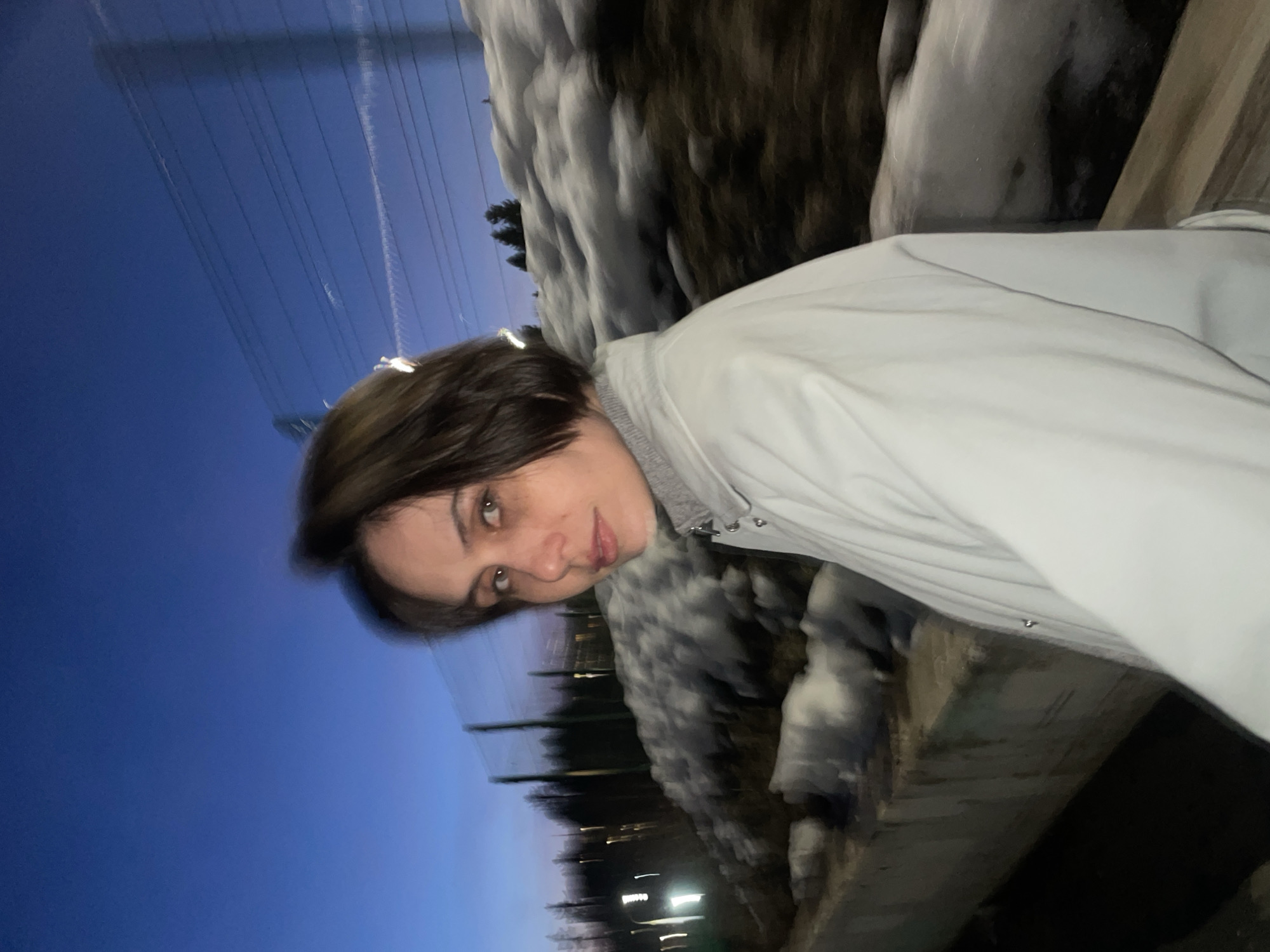 The image depicts a young adult female positioned outdoors during twilight or early night, characterized by a deep blue sky. The background exhibits significant motion blur, suggesting either the subject or camera was in transit. The female, with short dark brown hair and light-colored eyes, is seen from the chest up, wearing a light-grey collared jacket over a grey turtleneck sweater. She looks directly at the viewer with a neutral facial expression.
In the background, multiple parallel overhead power lines stretch across the sky. Below these, an embankment covered with significant accumulations of snow is visible, with dark, blurred trees and vegetation appearing beyond. A concrete barrier runs along the lower left section of the foreground. A distinct artificial light source illuminates the far left of the scene. The precise location within the city of Izhevsk, Russia, cannot be determined from the visual information presented in the image.