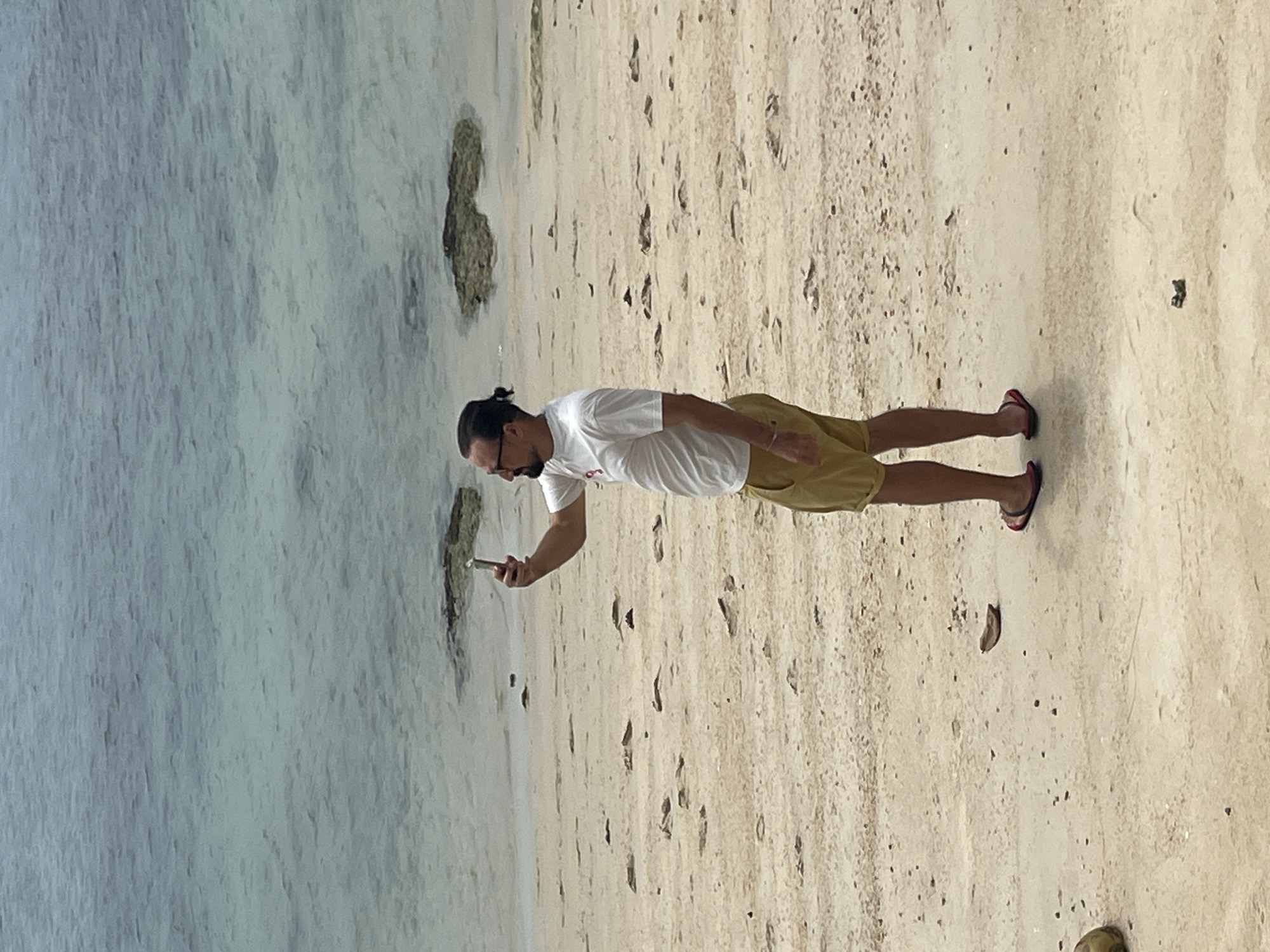 The image shows a man standing on a bright, sandy beach next to clear, shallow water. The man, seen from a slightly elevated side angle, has dark hair tied in a bun, a beard, and is wearing sunglasses. He is dressed in a white short-sleeved t-shirt, light brown or khaki shorts, and red flip-flops. He is holding a silver smartphone with both hands, angled downwards, appearing to be observing, photographing, or filming something on the ground or in the water.
To his left, the water is a light blue-green, indicating clarity and shallowness, with some darker patches possibly suggesting submerged rocks or coral. To his right, the beach extends as light beige sand, dotted with small dark specks and visible footprints. A few dark, irregularly shaped rocks or coral formations are visible at the water's edge. The overall impression is a calm, sunny daytime scene in a tropical or coastal environment. There is no visible text in the image.