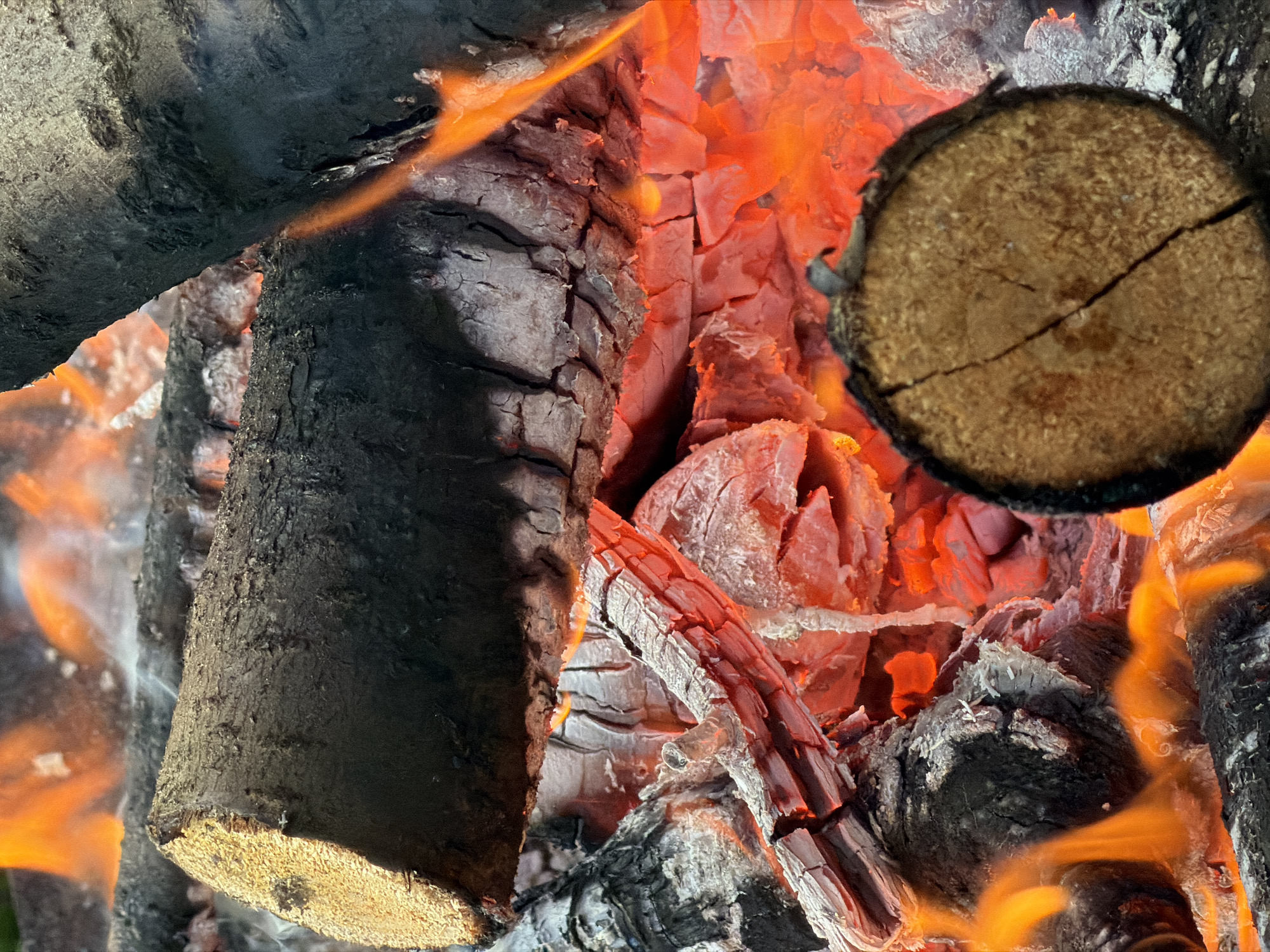 A close-up, eye-level shot captures a bonfire with burning logs and embers, suggesting an outdoor setting possibly in Zimyonki, Russia, given the context. The fire is intense, with bright orange flames licking at the charred wood and casting a strong red glow on the embers and the cut ends of the logs. Several pieces of firewood are visible, stacked and burning. One log in the foreground is positioned horizontally, its bark textured and dark, with a cut end revealing lighter wood grain. Another cut log, smaller and round, rests at the bottom right of the frame, showing its circular grain pattern. The background is filled with more burning wood and the intense heat of the fire. No people or other subjects are present in the frame. The scene appears to be a static capture of an active fire.