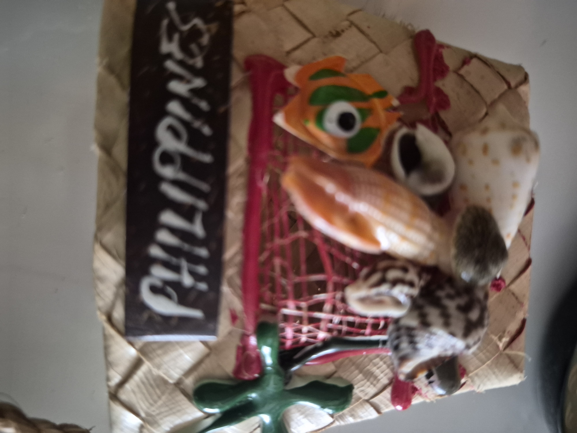 The image shows a close-up of a decorative item resembling a woven basket filled with seashells and a small, colorful fish figure. The basket appears to be made of natural, light-brown woven material. A dark rectangular plaque with the word "PHILIPPINES" in white lettering is affixed to the top front of the basket. Inside the basket are several seashells of various shapes and sizes, including some that are elongated and conical, and others that are spiral-shaped. There is also a small, brightly colored fish ornament with green stripes and googly eyes. A green, star-shaped object is visible to the left of the basket. The background is a plain, light-colored surface, likely a wall or shelf. The image does not contain any information that would allow for its identification as being in Vanadzor, Armenia.