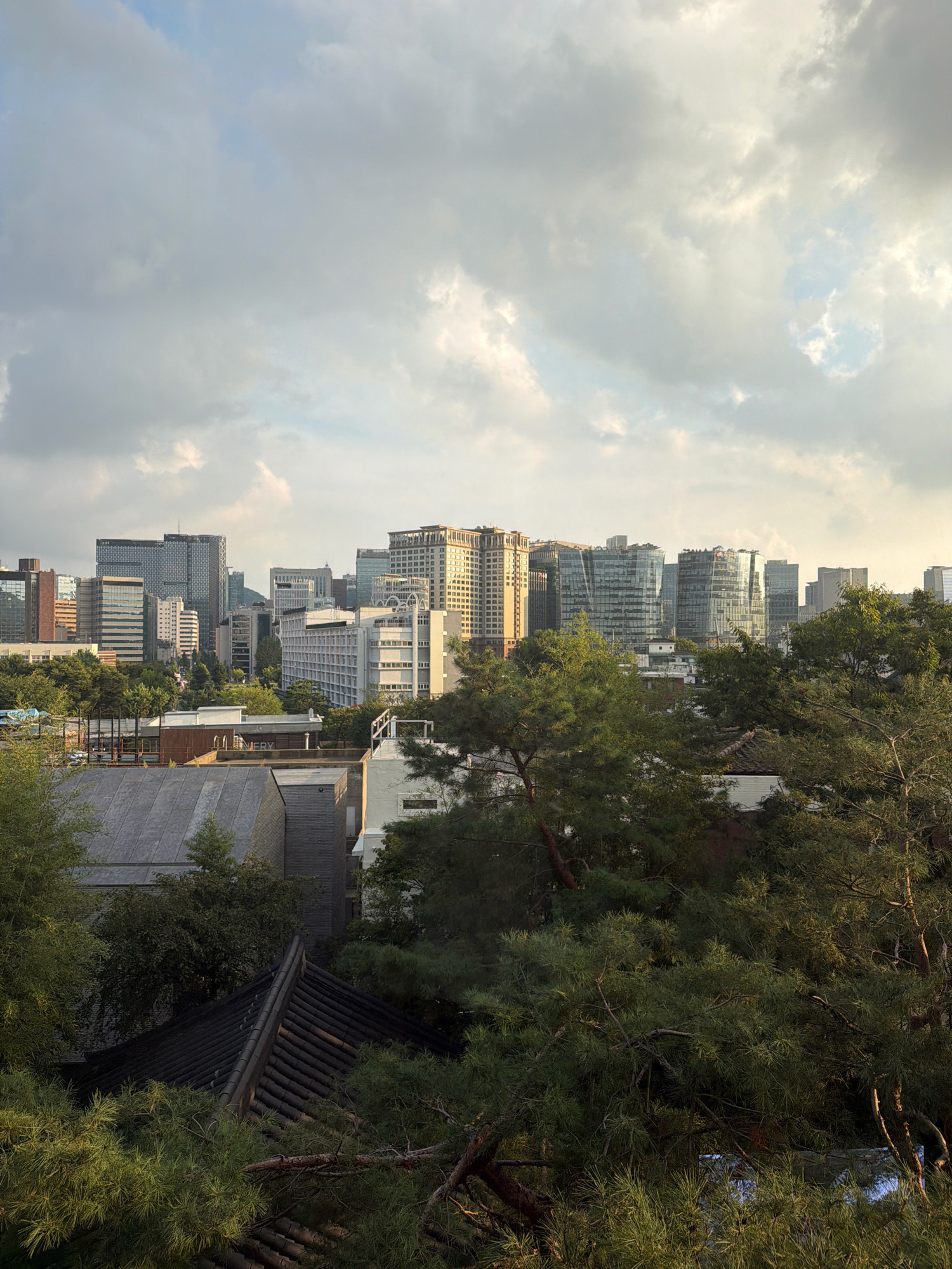The image shows a cityscape with a mix of modern skyscrapers and traditional Korean architecture. The buildings are varied in height and design, with glass facades reflecting the sky. Lush green trees are scattered throughout the scene, creating a contrast between nature and the urban environment. The sky is partly cloudy, with soft sunlight filtering through. In the foreground, a traditional tiled roof building is visible, partially obscured by pine trees. This composition suggests a location in Seoul, South Korea, possibly an area where historical and modern architecture coexist. There are no people or visible actions in the image.