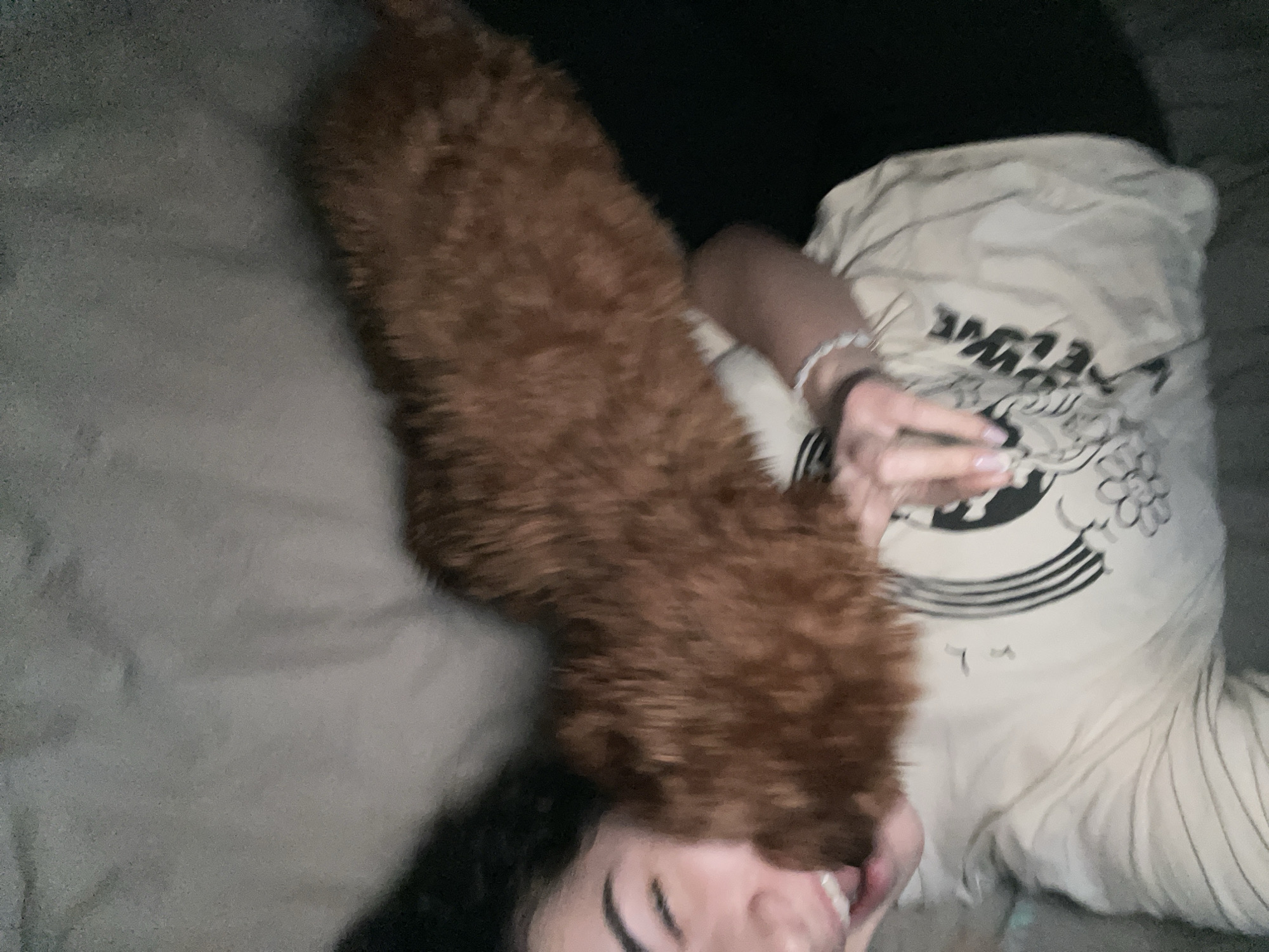 An overhead, slightly blurred image captures an intimate indoor scene in Sofia, Bulgaria, featuring a person and a reddish-brown, fluffy-haired dog. The person is lying down, partially visible at the bottom of the frame, with long, dark hair framing their face. Their right hand, adorned with a white beaded bracelet and nails featuring a light polish, rests near the dog.
The dog, characterized by its dense, curly reddish-brown fur, is stretched across the person's upper body or torso. The setting appears to be a bed or sofa, indicated by soft, light grey/beige bedding or cushions visible on the left and a darker area on the top right. The overall lighting is dim, suggesting low light conditions or an evening/nighttime setting.
The person is wearing a light-colored (possibly off-white or beige) t-shirt with a graphic design. Visible text on the shirt is reversed and partially obscured by the dog and folds in the fabric. Fragments of text suggest words like "ELCOME" and possibly "LOVE" or "WAVE" arranged in a curved pattern, alongside a circular graphic with floral or abstract elements. Below this, a faint, handwritten "7" and another indistinct mark are visible. The image conveys a moment of quiet companionship or rest.