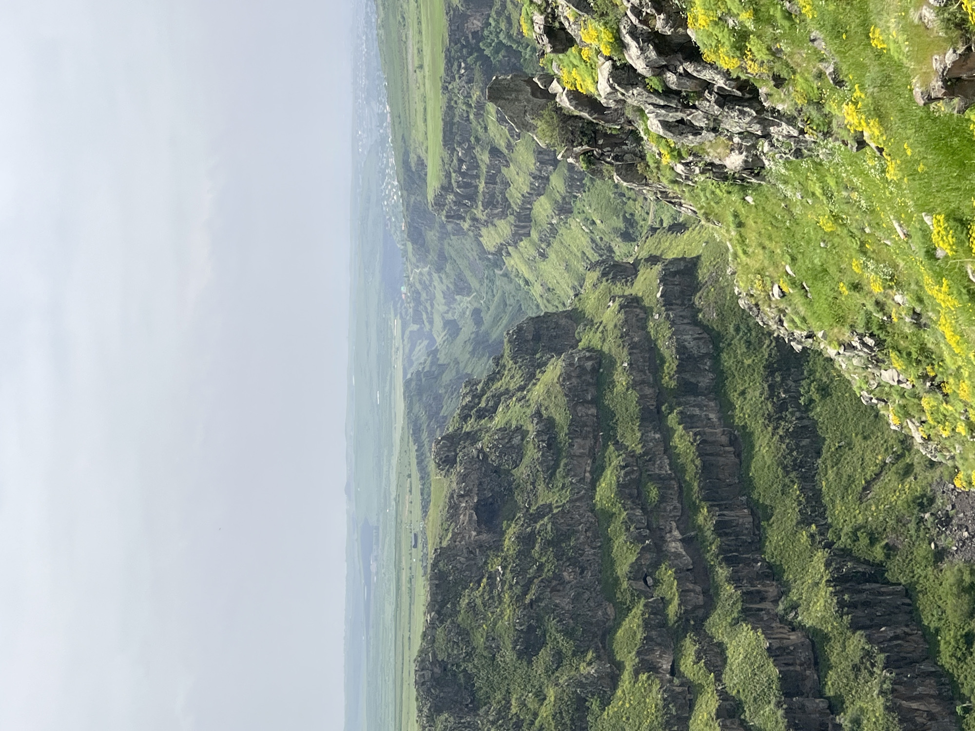 This image depicts a landscape in Artashavan, Armenia. It shows a steep, terraced cliffside with green grass and some yellow wildflowers growing on the rocky terrain. In the distance, there is a flat green valley and what appears to be a settlement. The sky is overcast.