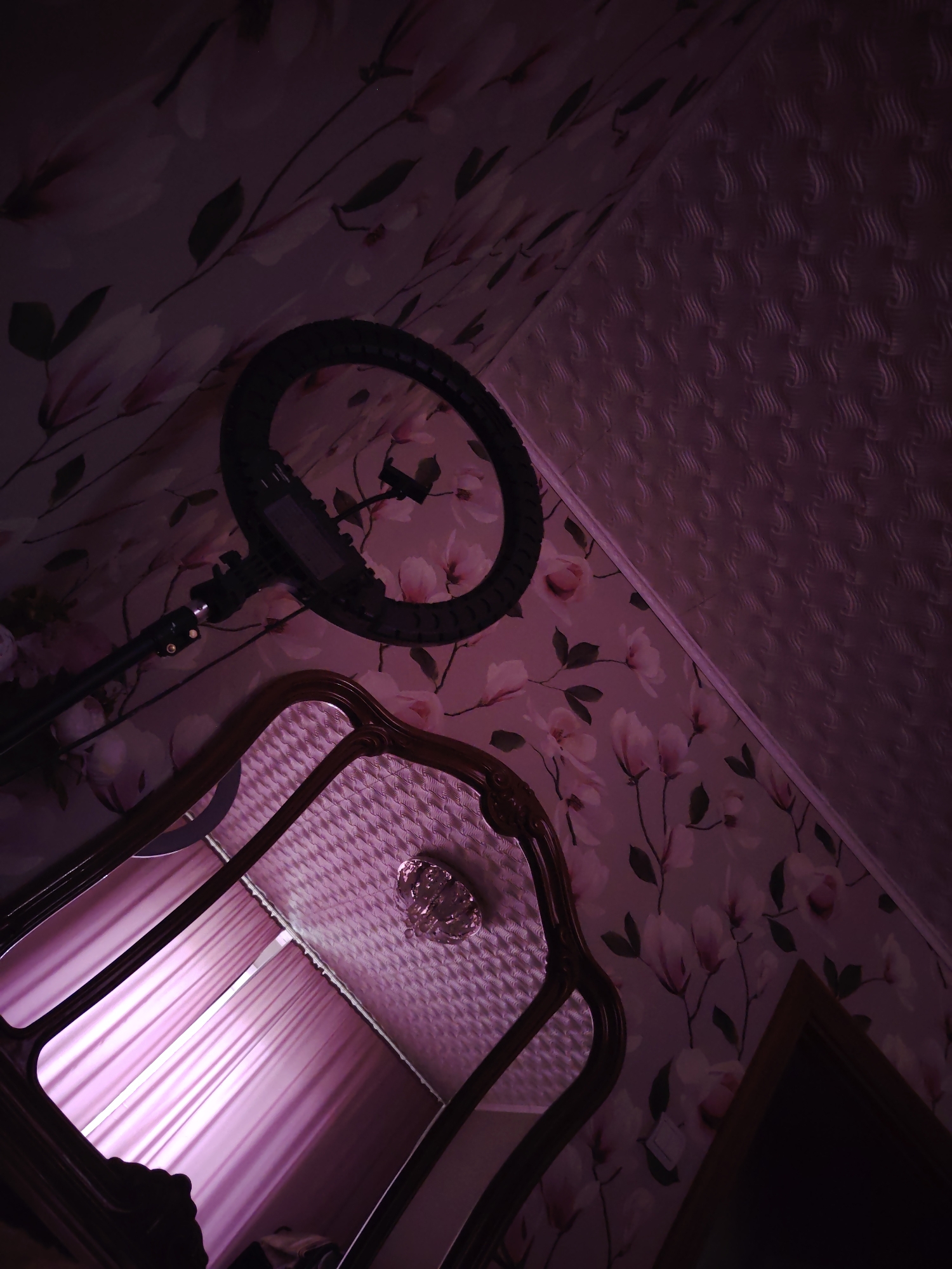 The image shows a room interior with floral wallpaper. A ring light is mounted on a stand, positioned above a decorative mirror. The mirror reflects pink curtains and a textured ceiling with a glass light fixture. The lighting suggests an indoor setting, possibly at night or in a room with dim natural light. The overall mood is intimate and possibly set up for filming or photography. The location context indicates Bratsk, Russia, but there are no specific visual cues to confirm this. No text is visible in the image.