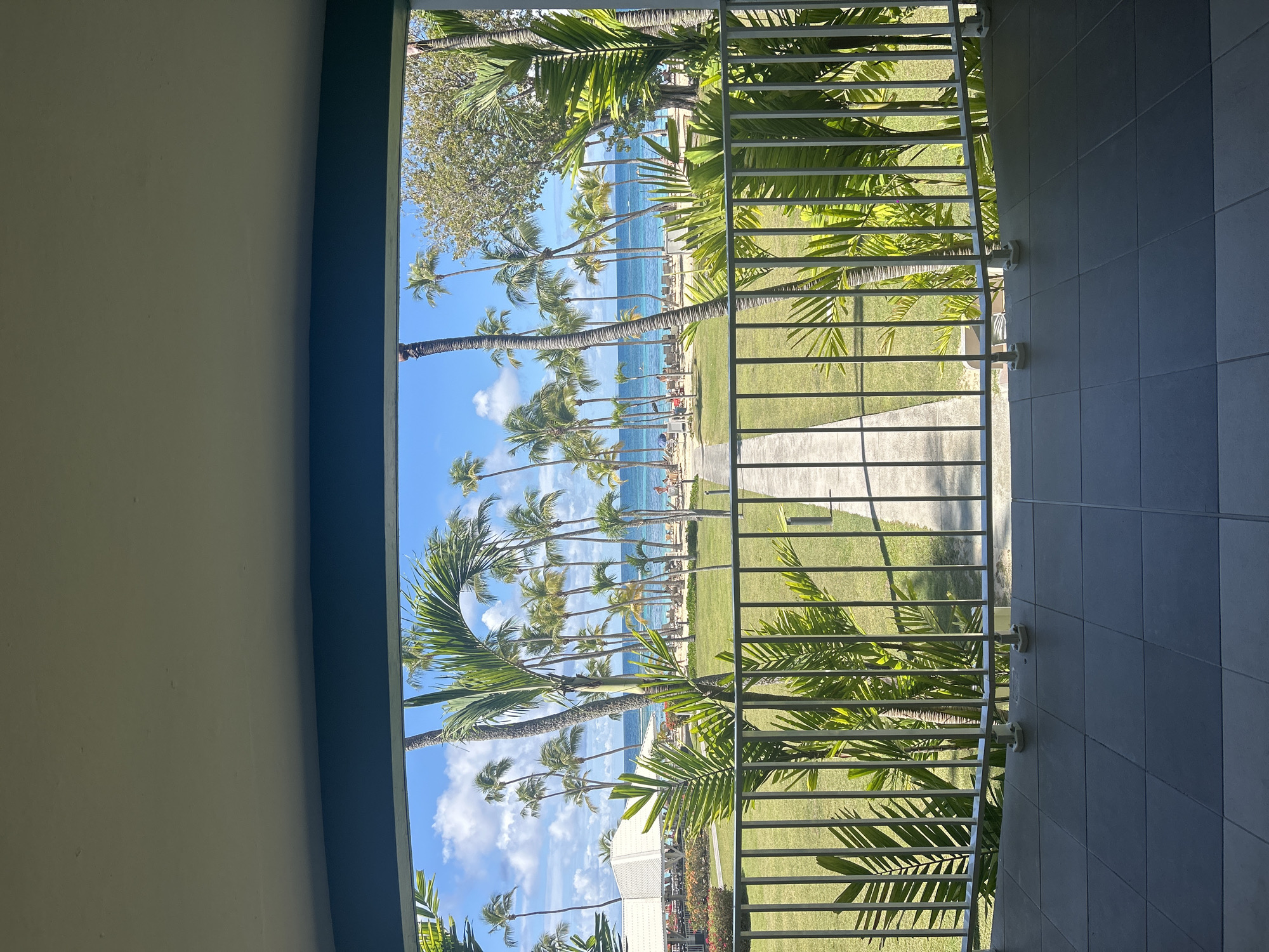 The image is a view from a balcony overlooking a beach in Sainte-Anne, France. The balcony has a white metal railing. Beyond the railing, there is a grassy area with a concrete walkway leading towards the beach. A row of palm trees lines the beach, with the blue ocean and sky visible behind them. People are visible on the beach. The balcony's wall has a light-colored interior and a dark-colored exterior trim. The right side of the image shows a grey tiled wall.