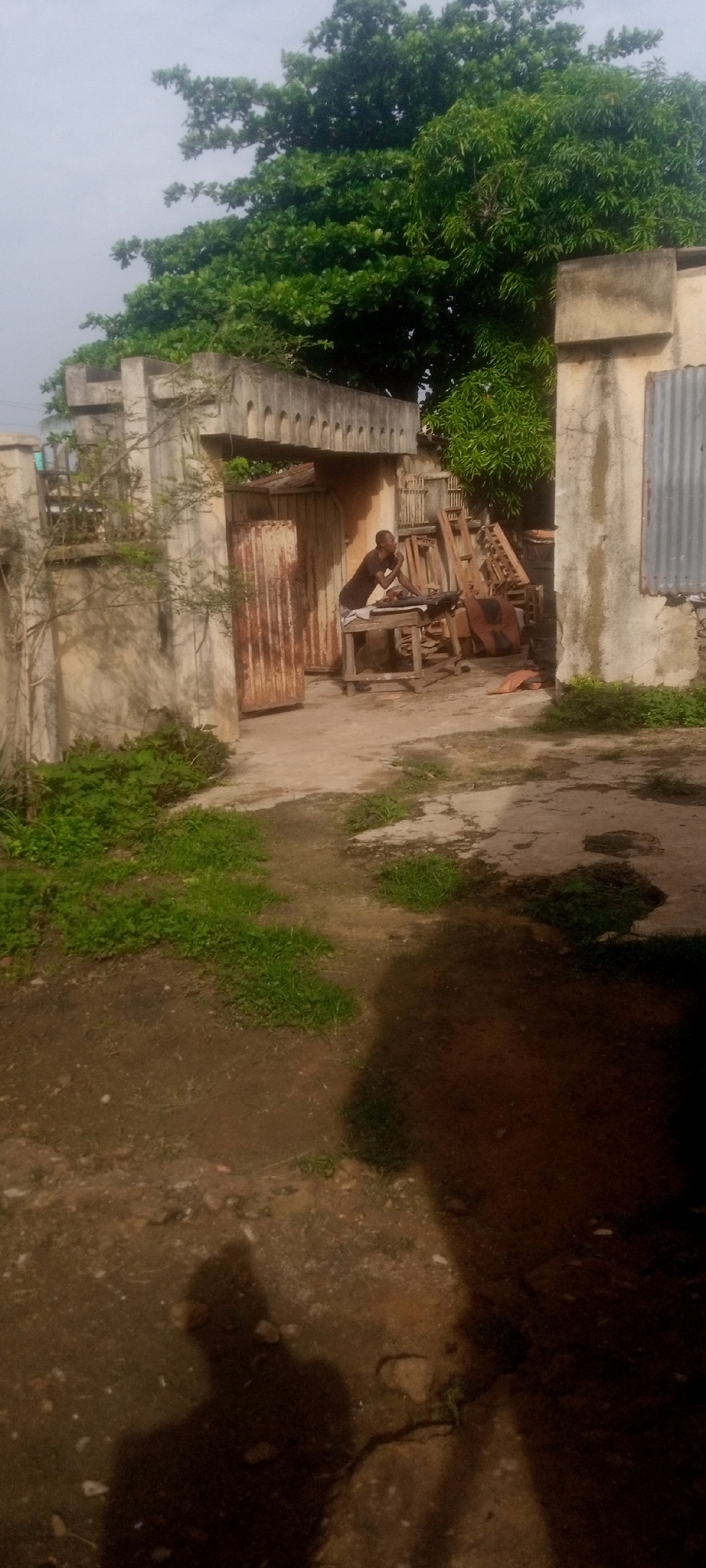 A person is working at a table in an outdoor workspace in Sabon Tasha, Nigeria. The workspace is located between two concrete structures, possibly parts of a building or entranceway. The person is standing and appears to be engaged in a task involving tools or materials on the table. Various wooden objects are stacked nearby. The ground in front of the workspace is a combination of dirt and cracked concrete, with patches of green vegetation. A shadow is visible in the foreground. Trees are visible above the structures, filling the background with greenery.