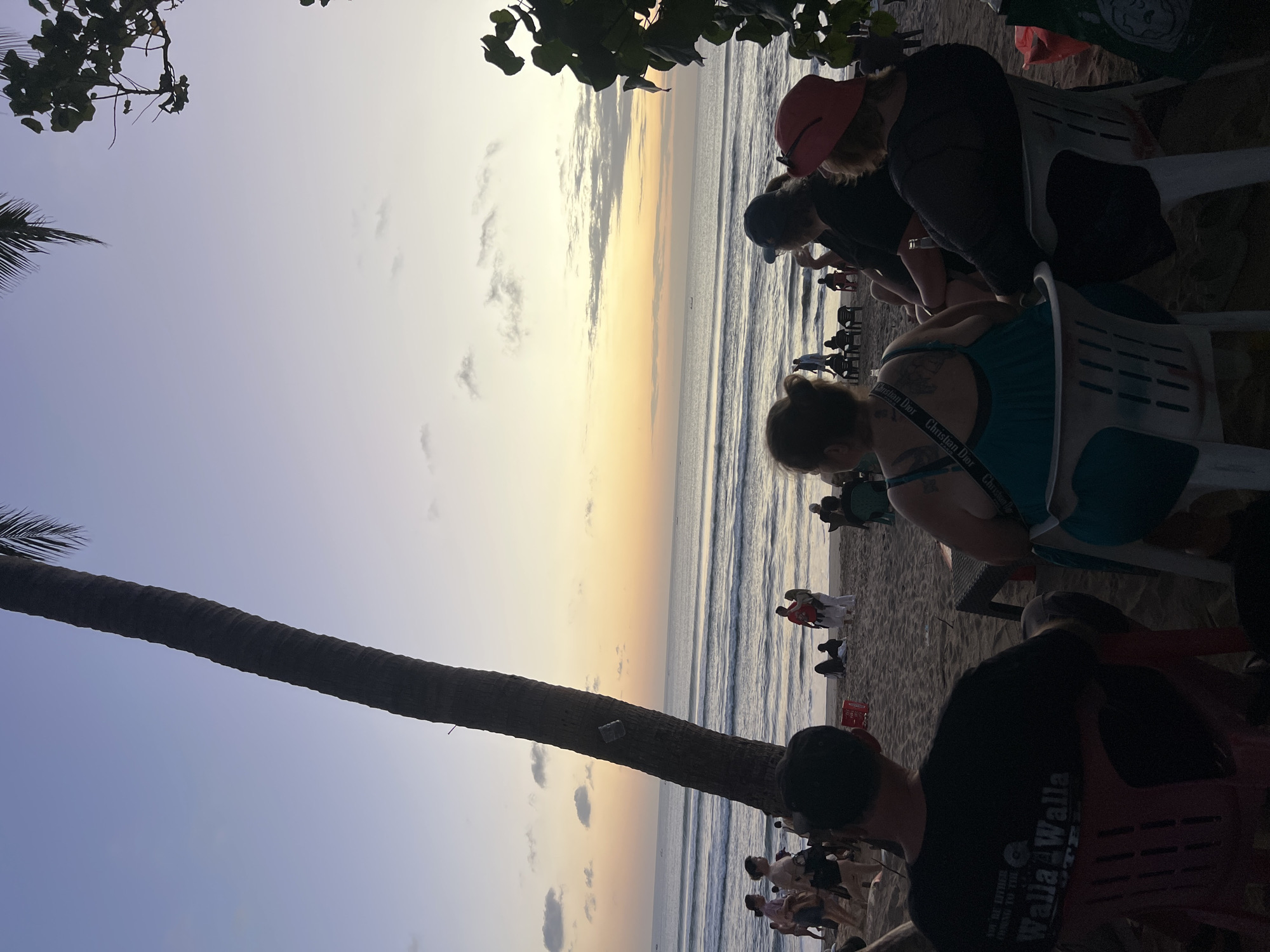This is a vertical, eye-level shot of a beach in Kuta, Indonesia, at sunset. The sky is a gradient of pale blue to soft yellow, with a few scattered clouds. The ocean has moderate waves and a few distant boats. In the foreground, a tall palm tree trunk dominates the left side of the frame, leaning slightly towards the right. A small, metallic object is attached to the trunk.
Several people are visible on the sandy beach. In the immediate foreground, two individuals are seated on chairs, their backs to the camera. One wears a black t-shirt with "Walla Walla" printed on it, and the other wears a teal-colored top. Further back, groups of people are walking, sitting on chairs, or standing near the water's edge. One person in the middle ground wears a red shirt and white pants. Another group is seated in a row of beach chairs facing the ocean. A large green leafy branch from a tree is visible on the far right side of the frame. The overall atmosphere is relaxed, with people enjoying the sunset.