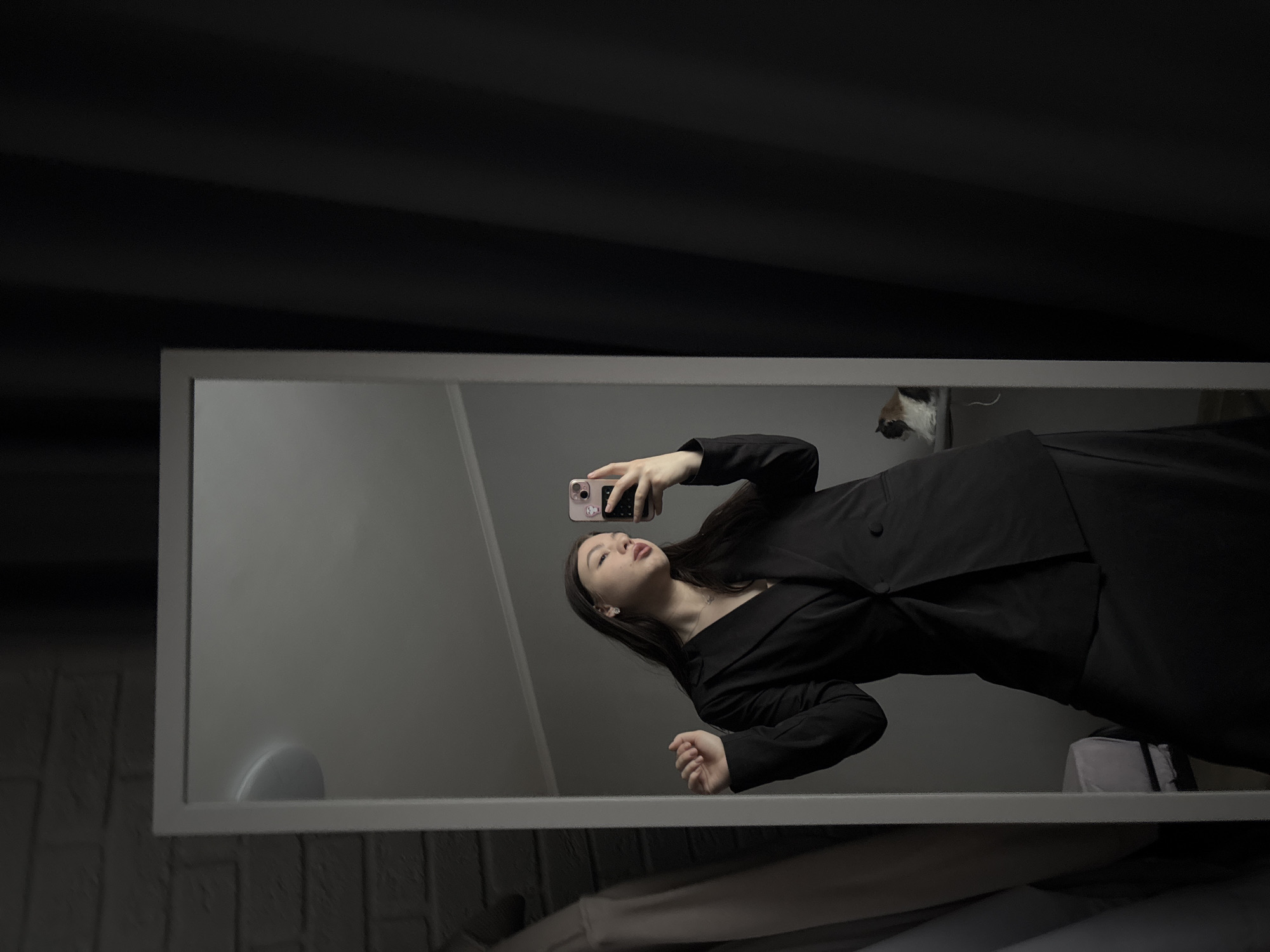 A woman is taking a mirror selfie in what appears to be an apartment in Perm, Russia. She is wearing a black blazer-style dress and holding a pink cell phone. The mirror has a white frame and reflects the woman from a low angle. Dark curtains are visible behind the mirror. A partial view of a small cat is seen in the upper right, peeking from above the mirror's edge. A semi-visible rounded object and some clothing items are located below the mirror.