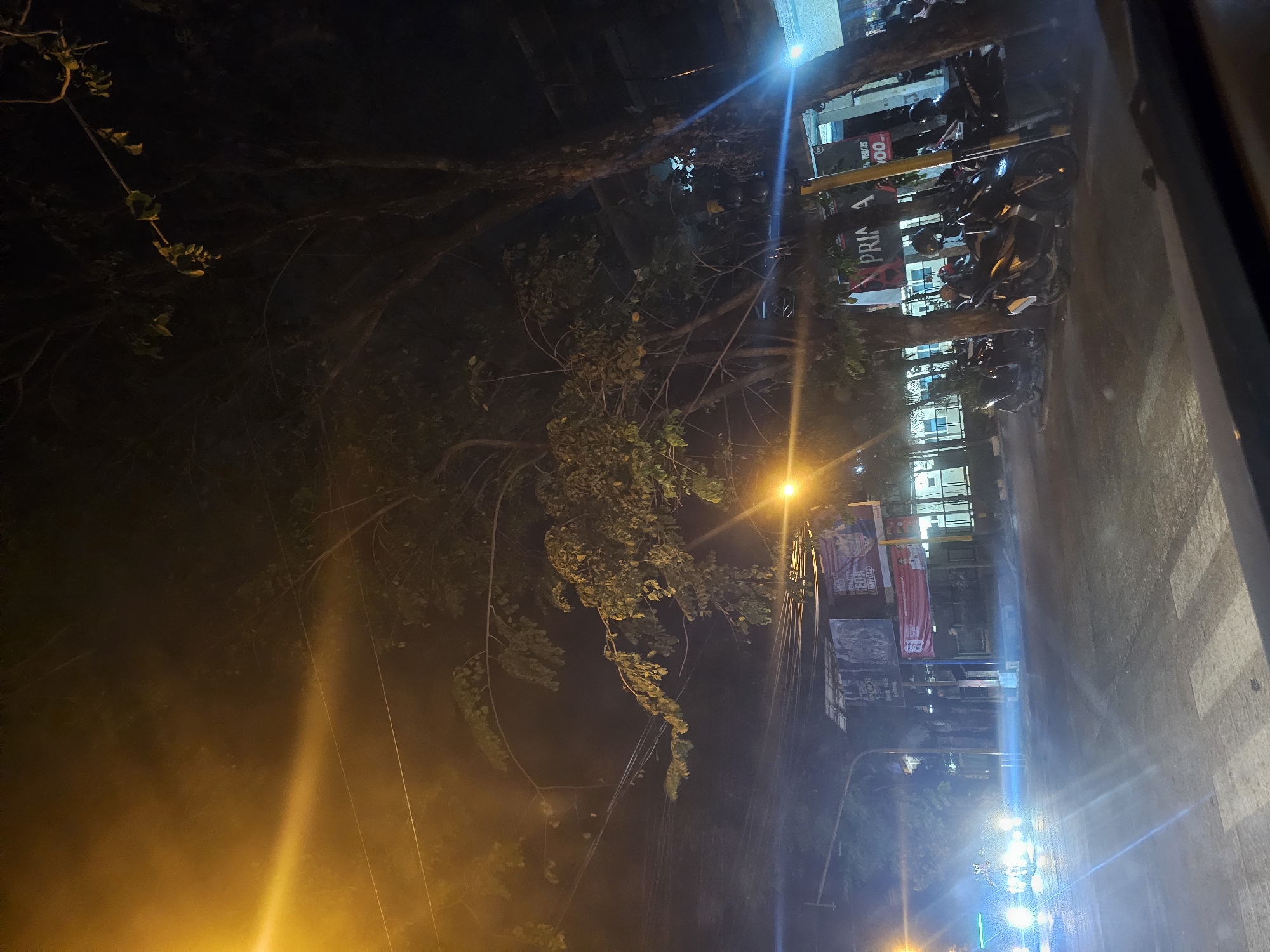 The image depicts a nighttime street scene in Lamongan, Indonesia. A bright yellow street light illuminates the left side of the frame, casting a strong glare and hazy effect across the scene. Several trees with sparse foliage are present, their branches extending across the image, some silhouetted against the night sky and others dimly lit.
In the foreground, a road with a pedestrian crossing is visible. On the right side of the road, a row of parked motorcycles is lined up. One of these motorcycles is a dark-colored scooter with its headlight on, casting a blueish light. Behind the motorcycles, there are buildings and some advertisements or banners. One banner displays the text "PRIMA A". Another banner, red with white text, appears to say "RED A". A yellow pole stands near the parked motorcycles.
On the left side of the road, there are lights from approaching vehicles, creating streaks of bright white and blue light due to lens flare and long exposure. The overall atmosphere is dark and urban, illuminated by artificial lighting. The scene appears to be captured from a vehicle, as suggested by the presence of a car's dashboard or windshield frame at the bottom of the image. The air appears hazy or misty.