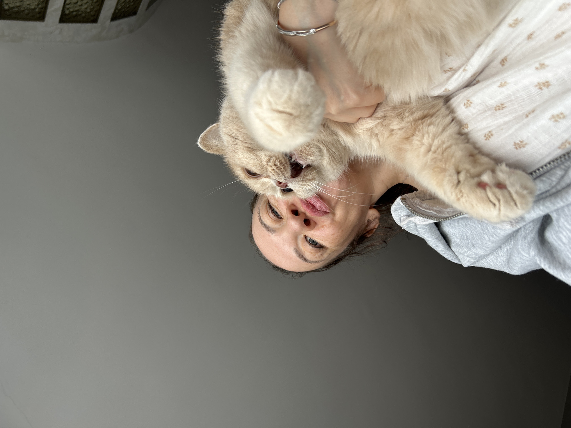 A woman is holding a light-orange cat. The cat's mouth is open, as if yawning or meowing. The woman is wearing a light-colored, patterned top and a grey sweatshirt. The setting appears to be indoors. The location is Chaikovsky, Russia.