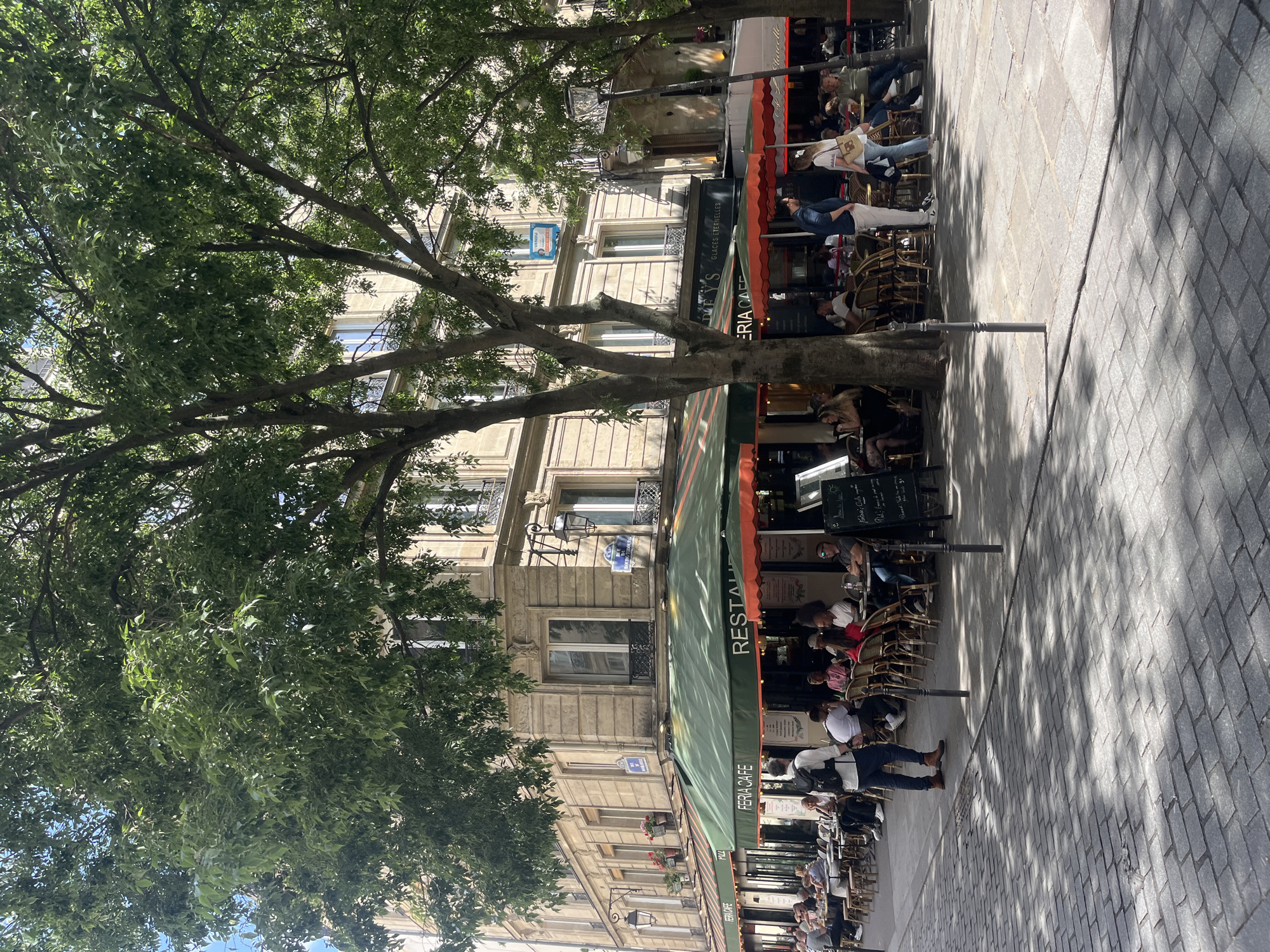 The image depicts a street scene in Paris, France. A row of beige buildings lines the street, with a tall, leafy tree partially obscuring the view. A restaurant with a green and red awning occupies the ground floor of one of the buildings. Tables and chairs are set up outside on the sidewalk, and people are seated and dining. The street is paved with gray cobblestones. The overall impression is that of a lively outdoor dining scene in a classic Parisian setting.