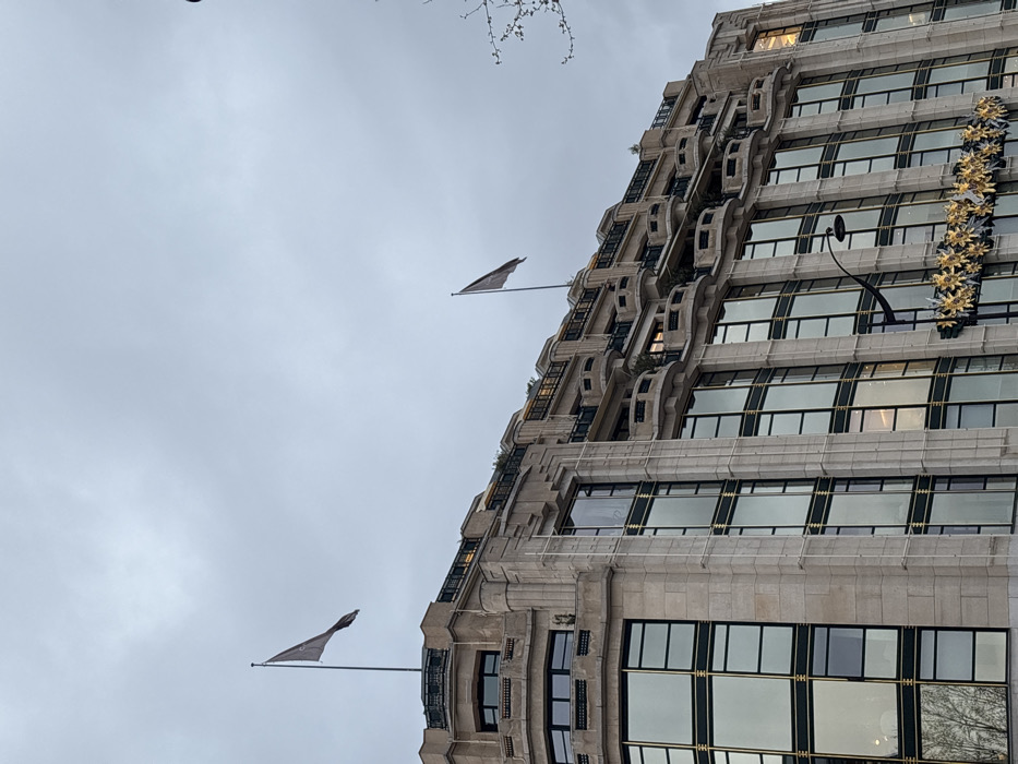 The image captures a portion of the upper facade of the Galeries Lafayette Haussmann department store in Paris, France, under an overcast sky. The multi-story building is constructed from light-colored stone, featuring an Art Deco architectural style with prominent vertical lines, fluted pilasters, and decorative cornices. Numerous large, rectangular windows with dark frames and thin gold-colored accents are visible across the facade.
The upper levels are terraced and recessed, featuring balconies with dark railings and occasional visible greenery. Two dark flags, one clearly displaying "GALERIES LAFAYETTE", fly from poles atop the building. In the lower right foreground, a black street lamp fixture is partially visible, adorned with a horizontal arrangement of illuminated, star-shaped holiday decorations. Bare tree branches are present on the far right. The sky is uniformly grey, suggesting a cloudy day, with no direct sunlight. No individuals or specific actions are depicted in the scene.