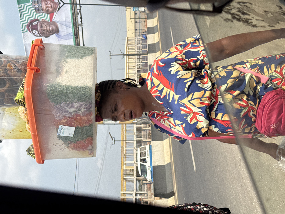 The scene is set on a busy road in Ogbaku, Nigeria, under an overcast daytime sky. A woman, appearing middle-aged with dark skin and braided hair, walks on the side of the road. She wears a blue dress patterned with red, yellow, and white floral motifs, and a pink crossbody bag. On her head, she balances a large, clear plastic container with an orange lid, inside which various food ingredients are visibly sectioned, including red, green, and white components. On top of this container are smaller clear containers holding a yellowish liquid and fried items, alongside rolled fabric pieces. In the background, a white police van with blue "POLICE" lettering is visible on the road, which is separated by concrete median barriers striped black and white. Further back, an elevated structure appears to be under construction. To the upper right, a large billboard displays two smiling male political figures in traditional attire against a green and white backdrop, signifying a political campaign. The image is captured from inside a vehicle, evidenced by partial reflections and visible interior elements on the left and right edges.