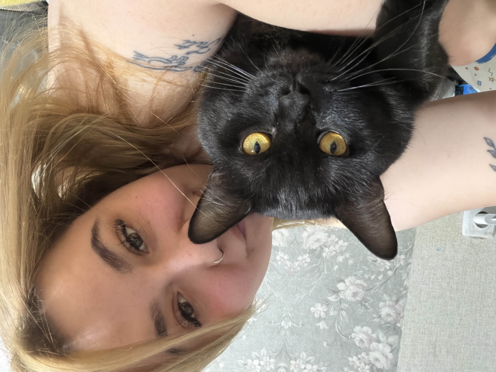 A selfie-style photograph depicts a fair-skinned individual with blonde hair and noticeable eyebrows. They have a nose piercing and direct their gaze toward the camera. The photograph also features a black cat with striking yellow eyes. The cat is positioned close to the person's face, appearing to be held or resting on them. The photograph appears to have been taken indoors, evidenced by the floral wallpaper and a electrical socket in the background. The location of the photograph is Chaikovsky, Russia.