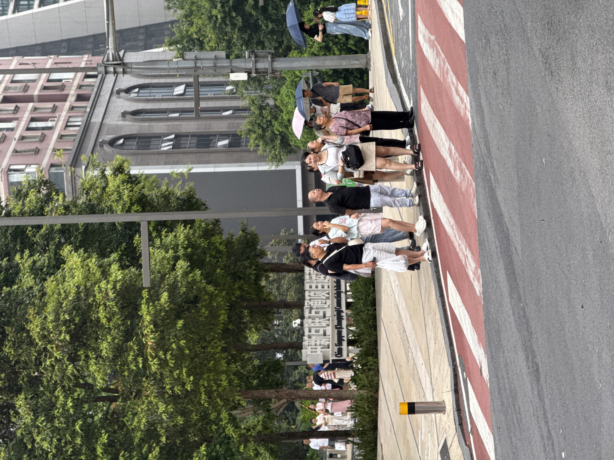 In the Yuzhong District of China, a group of people stand at a crosswalk. The crosswalk is marked with red and white stripes. Several individuals are holding umbrellas, suggesting possible rain or strong sun. Behind the pedestrians is a sign with Chinese characters and English text that reads "China-Singapore (Chongqing) Connectivity Initiative". The background features trees and tall buildings, indicative of an urban setting. The overall scene depicts a moment of waiting or observation at a public intersection.