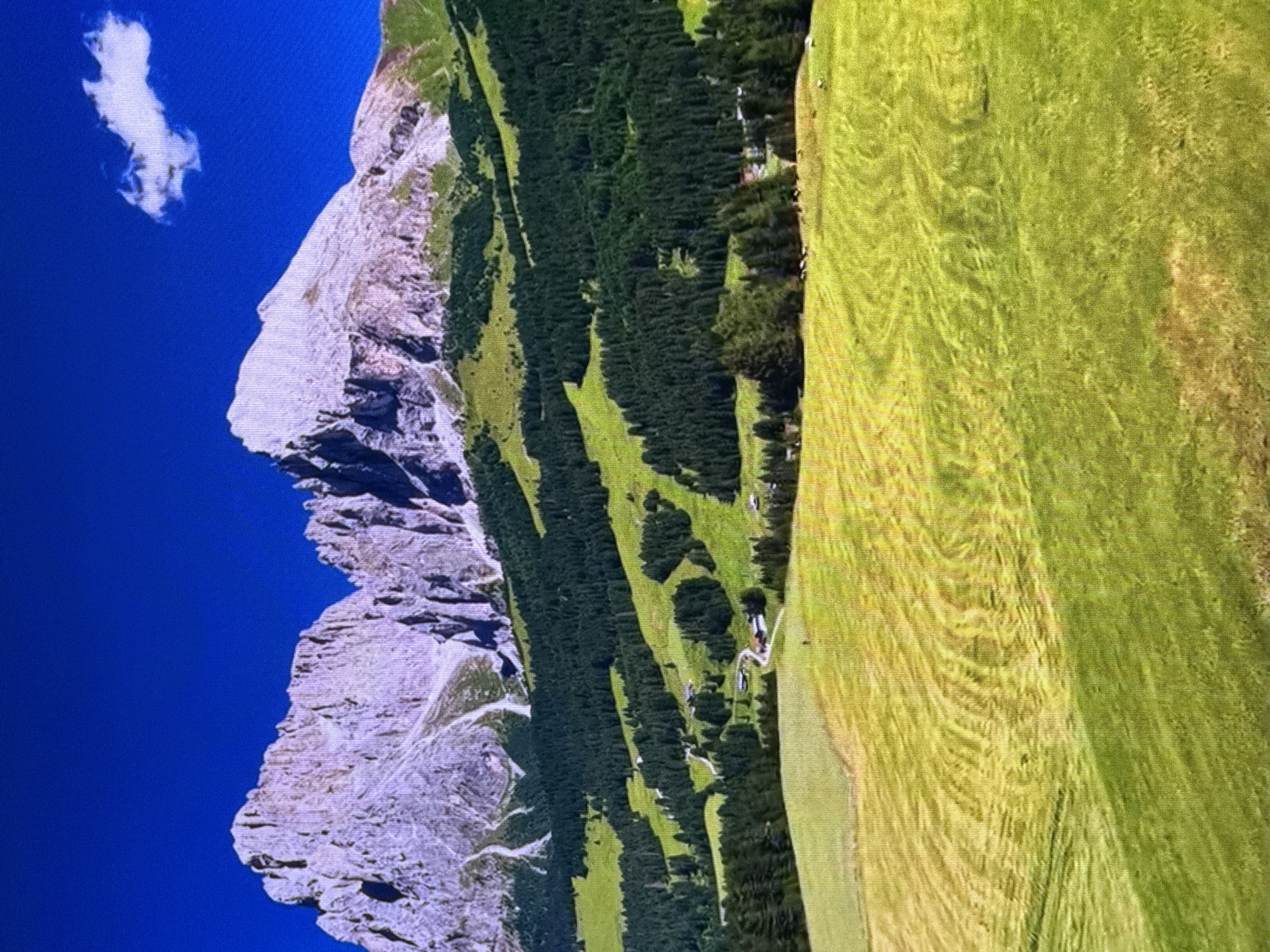 The image depicts a mountainous landscape under a clear blue sky. A large, rocky mountain face dominates the left side of the frame, with a single, wispy cloud floating above it. The mountain's texture suggests it is made of light-colored stone, with visible striations and shadows.
To the right of the mountain, a dense forest of dark green trees covers a steep slope, interspersed with patches of bright green grass. Further to the right, a rolling meadow of vibrant green grass unfolds, showing distinct patterns of growth or harvesting, with some areas appearing drier and lighter in color. A winding path or road can be seen cutting through the treeline and leading towards the meadow, with a few small buildings or structures visible near it. A few very small white figures, possibly people or animals, are scattered across the grassy areas.
The lighting suggests it is daytime, with the sun casting shadows and highlighting the textures of the landscape. The overall scene evokes a sense of natural beauty and tranquility. There is no visible text in the image. The location context provided (Dubai, United Arab Emirates) is inconsistent with the visual content of the image, which clearly depicts a mountainous, vegetated environment, not the typical desert landscape of Dubai.