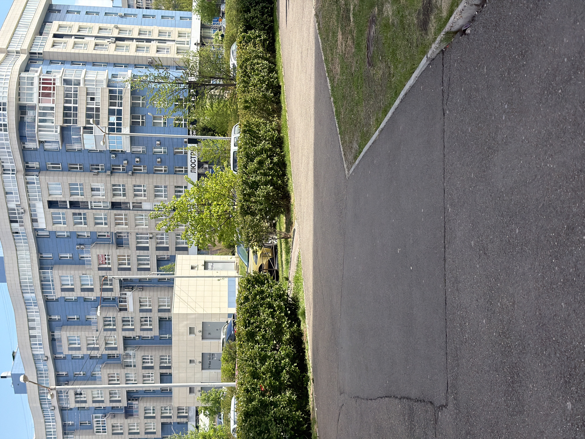 The image shows a street scene in Krasnoyarsk, Russia. On the left, a tall apartment building with blue and white facade is visible. In the middle, there is a sidewalk bordered by green bushes and grass. A street light is also visible. The asphalt sidewalk runs along the right side of the image. Several cars are parked along the side of the road. A sign with Russian text is visible beside a small tree.