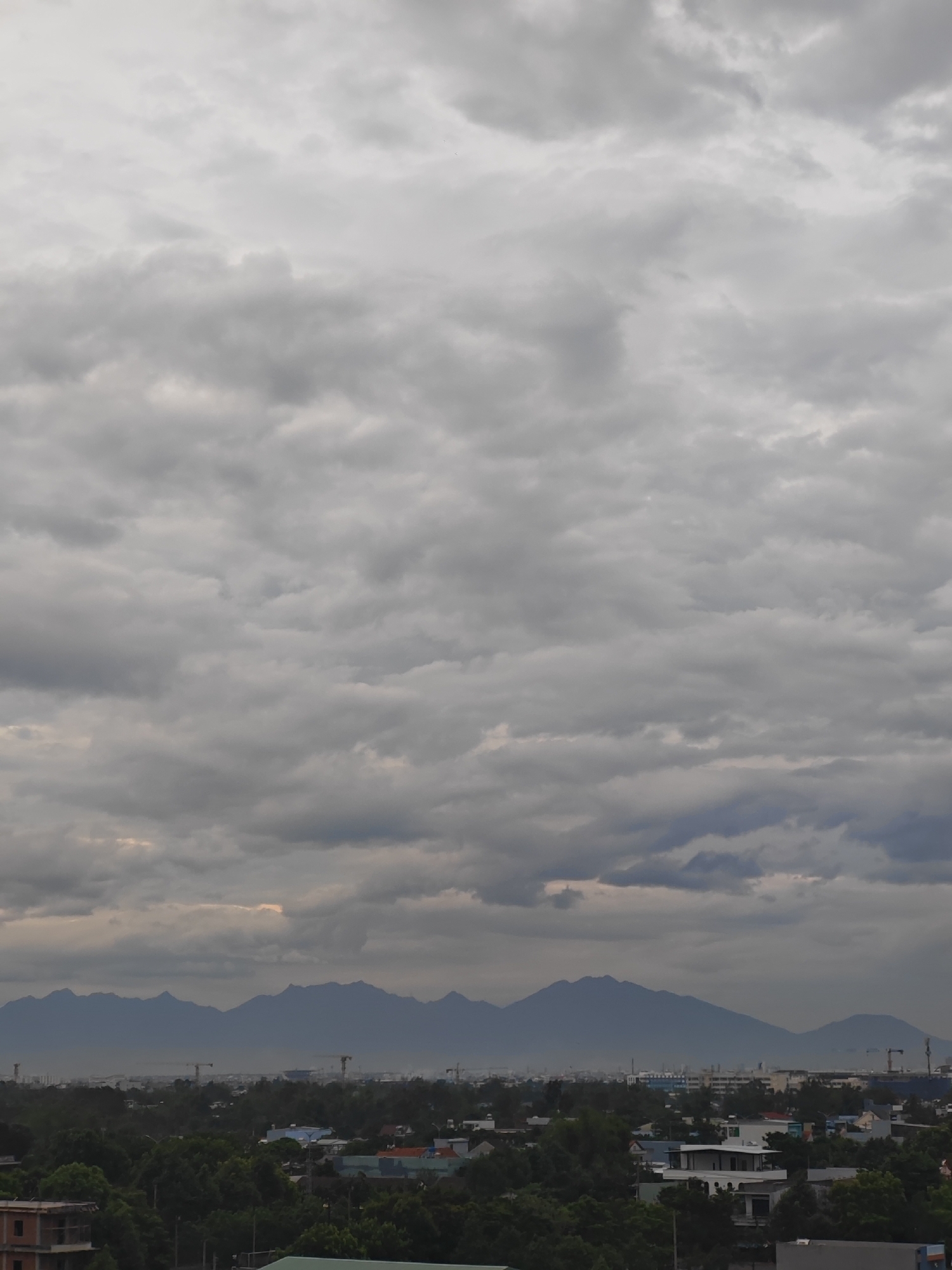 The image depicts an overcast sky over a city with a mountain range in the distance. The foreground shows a dense canopy of trees interspersed with buildings. The architecture appears to be a mix of residential and commercial structures, with some unfinished construction visible. Cranes and industrial elements are present in the mid-ground, suggesting ongoing development or industrial activity. The mountain range, likely Sơn Trà Peninsula, is a prominent feature, silhouetted against the hazy sky. The overall scene conveys a sense of urban sprawl merging with natural landscapes under a cloudy sky, consistent with the environment of Đà Nẵng, Vietnam. No people or specific actions are discernible in the image.