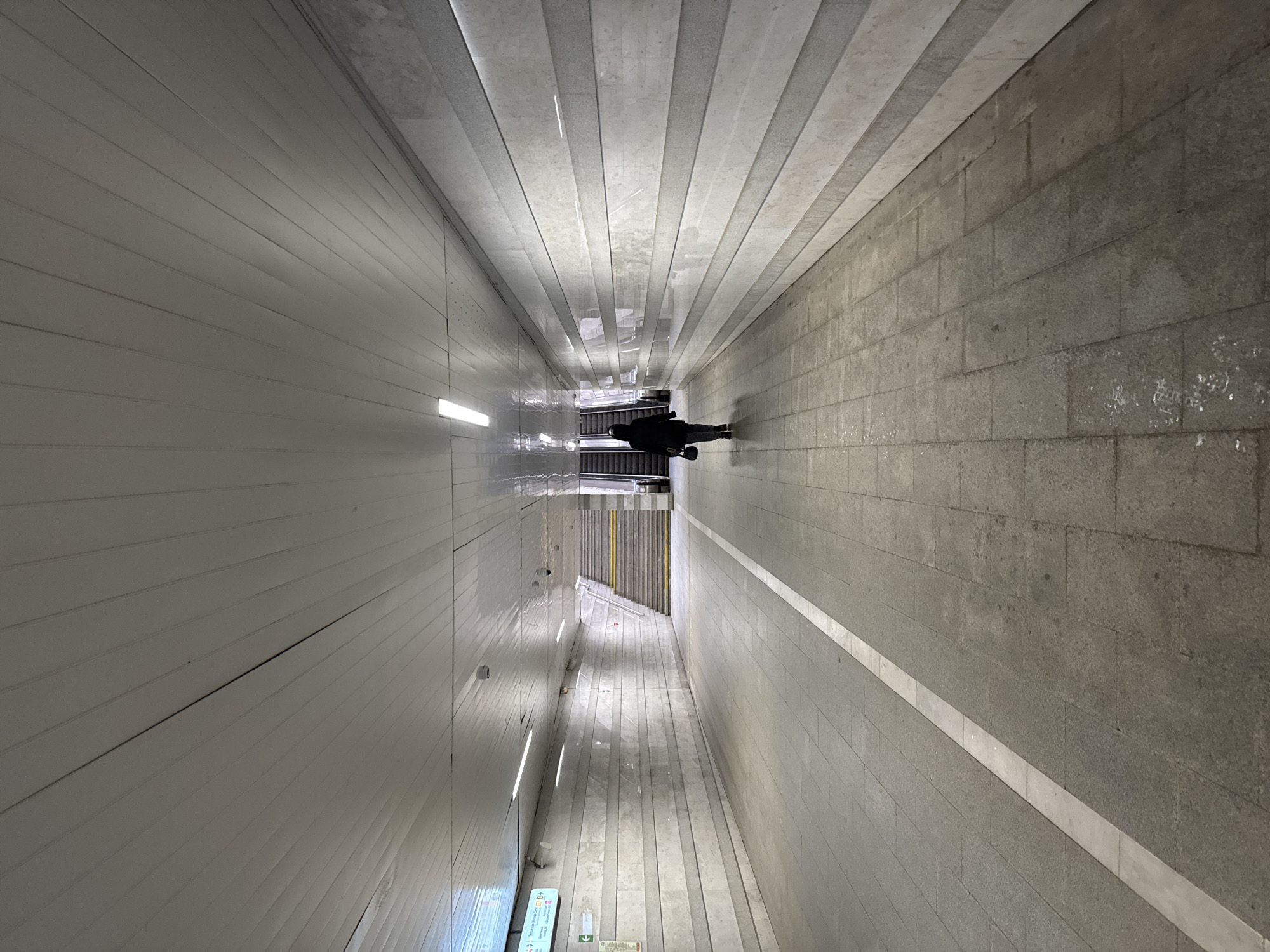 This image captures a high-angle, top-down view of a person descending on an escalator within a brightly lit underground passage, likely a metro station in Moscow, Russia.
The central subject is a single individual, dressed in dark clothing, standing on an escalator that leads downwards into the distance. The escalator is located at the far end of a long, narrow tunnel.
The setting is an underground hallway or tunnel with distinct architectural features. The left wall features smooth, white, horizontally paneled surfaces with several rectangular fluorescent light fixtures illuminating the passage. The right wall is constructed from large, rough-textured grey stone or concrete blocks. The floor and ceiling also exhibit a patterned design of alternating light and dark grey strips, creating a sense of depth and perspective. The light strips on the floor appear reflective.
Notable details include the stark, clean lines of the architecture and the artificial lighting that casts soft reflections on the surfaces. The overall color palette is dominated by various shades of grey and white, contributing to a modern, utilitarian aesthetic. The high-angle perspective emphasizes the length and depth of the passage.
Visible text on a green and white sign near the bottom left provides crucial location cues. The sign lists "СЕРПУХОВСКАЯ" (Serpukhovskaya), "ТУЛЬСКАЯ" (Tulskaya), and "Парк Культуры" (Park Kultury), all names of Moscow Metro stations, with an arrow pointing right. Below, it indicates "Выход в город" (Exit to city) with an arrow pointing down-left. There are also smaller white signs and what appears to be a "P" symbol, possibly for parking, and another small sign with an arrow.