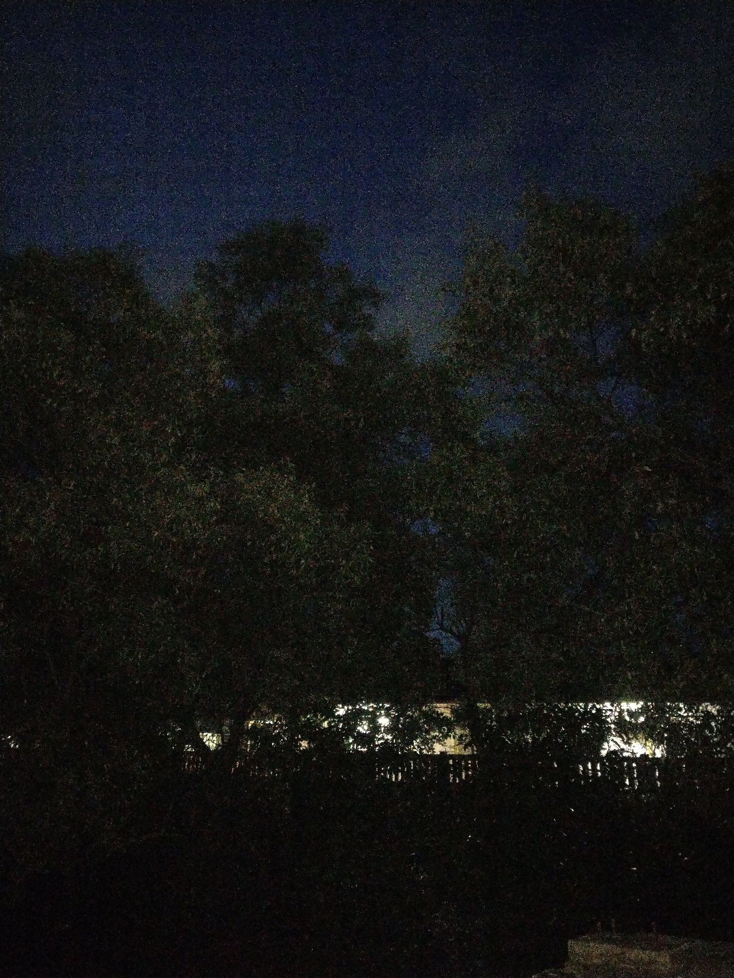 The image, taken at night, features a dark, indistinct foreground leading into a view of trees. Behind the trees, a building or structure is partially visible, illuminated by bright light. The sky is dark and grainy, suggesting nighttime conditions. The location of Lhokseumawe, Indonesia, is not discernible from the visual information provided. No people or actions are visible in the scene. The essential objects present are trees, a lit building, and a dark sky. The environment appears to be a residential or suburban area due to the presence of a building with lights.