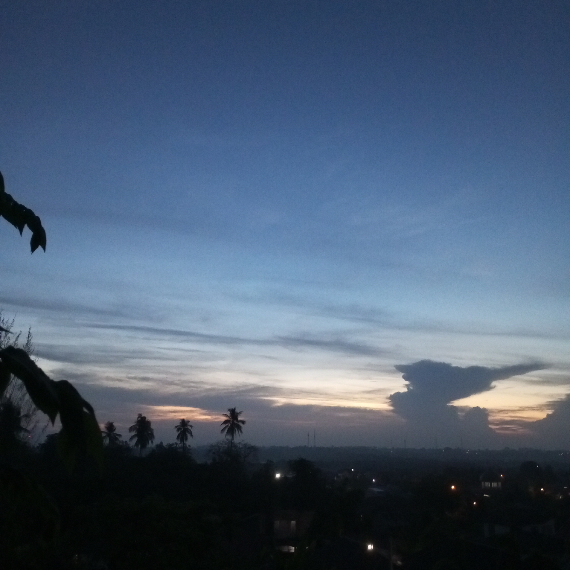 The image shows a twilight scene in Lhokseumawe, Indonesia. The sky is a gradient of blue and orange, with layered clouds. In the foreground, silhouetted trees, including palm trees, stand against the horizon. Below the horizon, a dark, indistinct cityscape is visible, punctuated by scattered lights. A few leaves are visible at the edges of the frame.