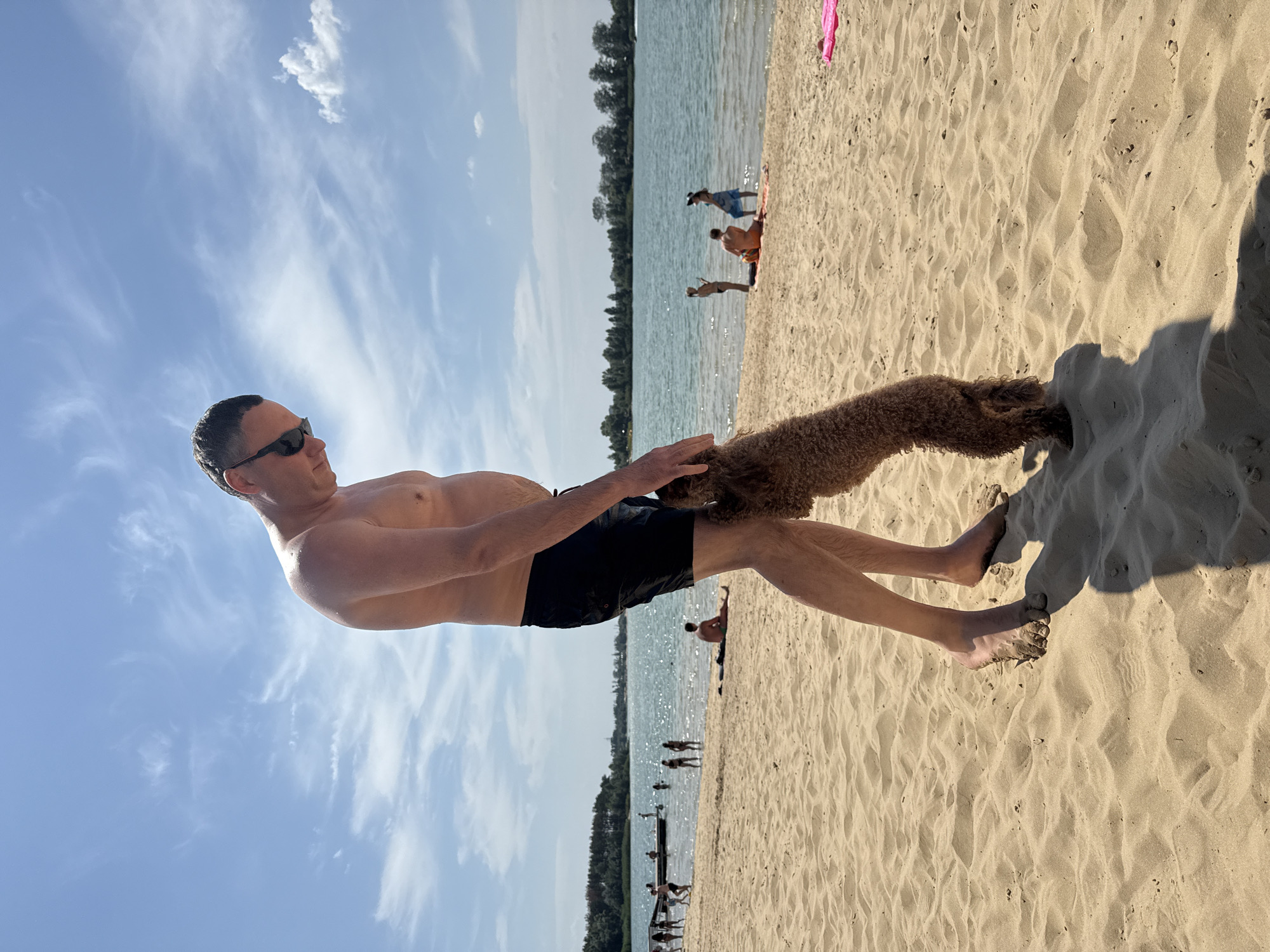 In Yelyzavetivka, Ukraine, on a sunny day at a sandy beach bordering a calm lake, a man wearing black swim trunks and sunglasses stands on the sand. He is shirtless, and his bare feet are visible, dusted with sand. He is interacting with a medium-sized, curly-haired brown dog, holding it up with his right hand. In the background, several people are visible on the beach and in the shallow water. Some are swimming, while others are sitting or standing on the sand. The lake is wide, with a tree line visible in the distance. The sky is blue with scattered white clouds. The overall scene depicts a casual beach day.