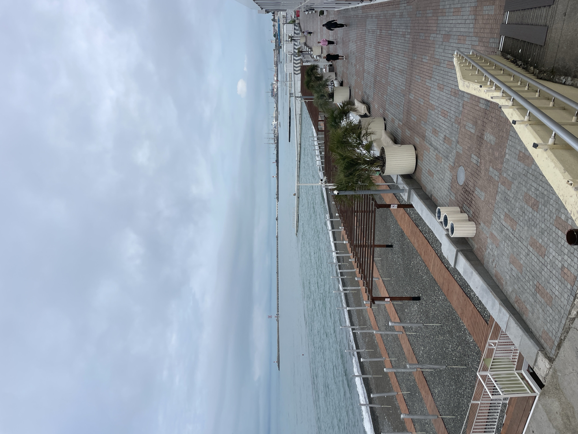 This is an image of the Sochi, Russia waterfront. It shows a stone-paved walkway next to the sea. There are benches, planters with palm trees, and a staircase along the walkway. People are walking on the walkway in the distance. The sea is visible to the left, with a pier extending into it. The sky is overcast. A modern construction with wooden slats sits between the walkway and the beach, with regularly spaced poles along the shoreline.