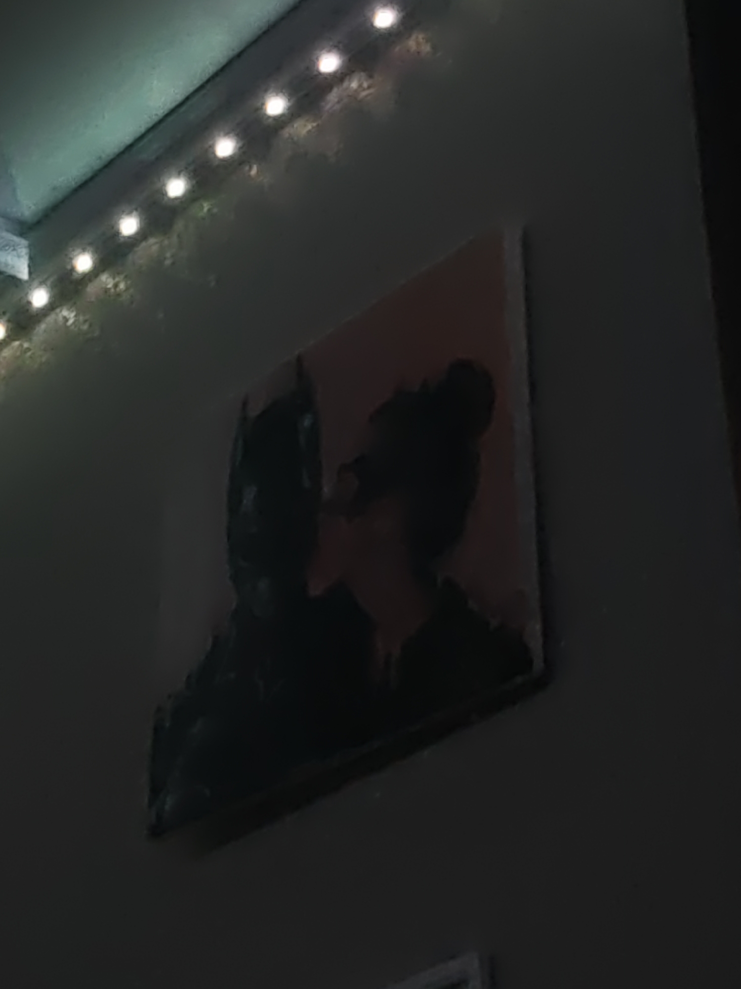 A dark, slightly blurry image depicts a painting on a wall, illuminated by string lights above. The painting features two silhouetted figures: one on the left, appearing to be Batman with his cowl, and another on the right, with hair styled in a bun. The background of the painting is a gradient of pinkish-orange to dark gray. The wall is painted a dark gray. The string lights are white and spaced evenly along the top edge of the frame, casting a soft glow. The scene appears to be indoors, possibly a bedroom or living area. There is no indication of the city of Kurganinsk, Russia, within the image itself.