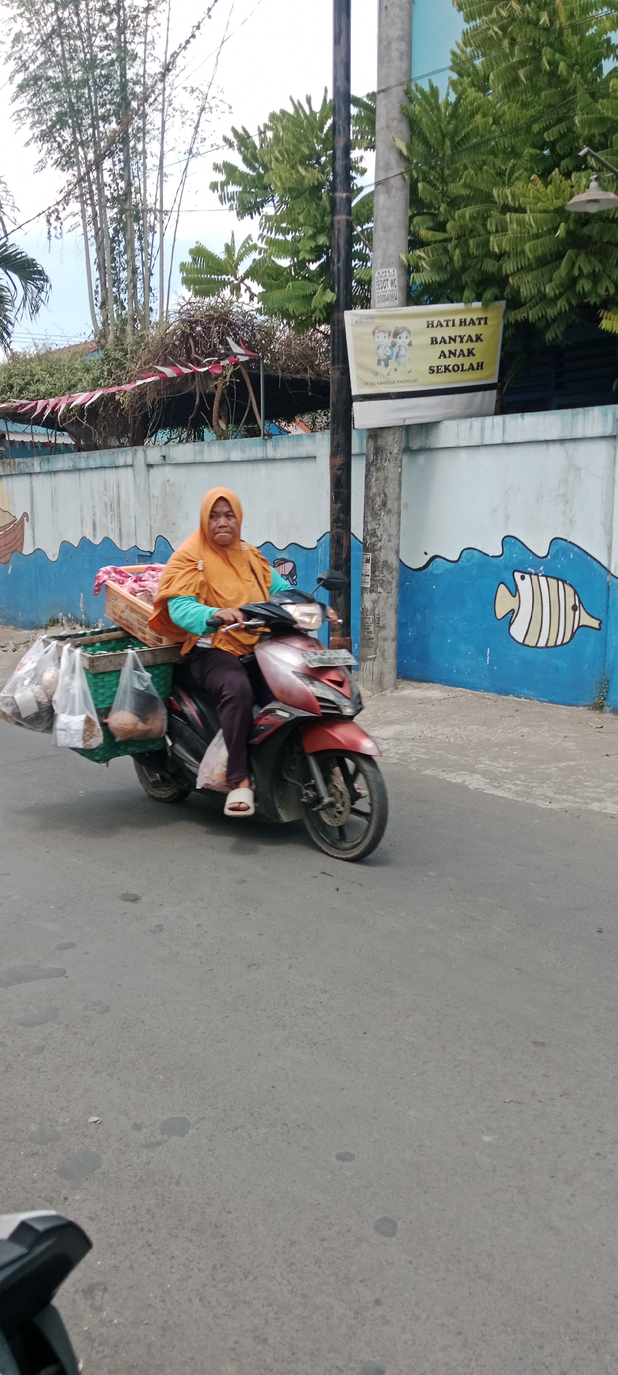 A woman wearing an orange hijab and a blue shirt is riding a red and black motorcycle. She is carrying two baskets attached to the back of the motorcycle. The basket on the left contains several plastic bags filled with goods, and the basket on the right contains what appears to be produce. She is wearing dark pants and white sandals. The motorcycle is on a paved road. Behind the woman, there is a blue wall with white wave-like designs and illustrations of fish. A utility pole stands to the right of the woman, with a yellow banner attached to it that reads "HATI HATI BANYAK ANAK SEKOLAH" which translates to "BE CAREFUL, MANY SCHOOL CHILDREN." The banner also depicts two children. Trees and foliage are visible in the background. A sign on the utility pole has the text "SEDOT WC" which means "TOILET DRAINAGE." The scene appears to be in an urban or semi-urban area, possibly near a school, given the banner's message. The lighting suggests it is daytime.