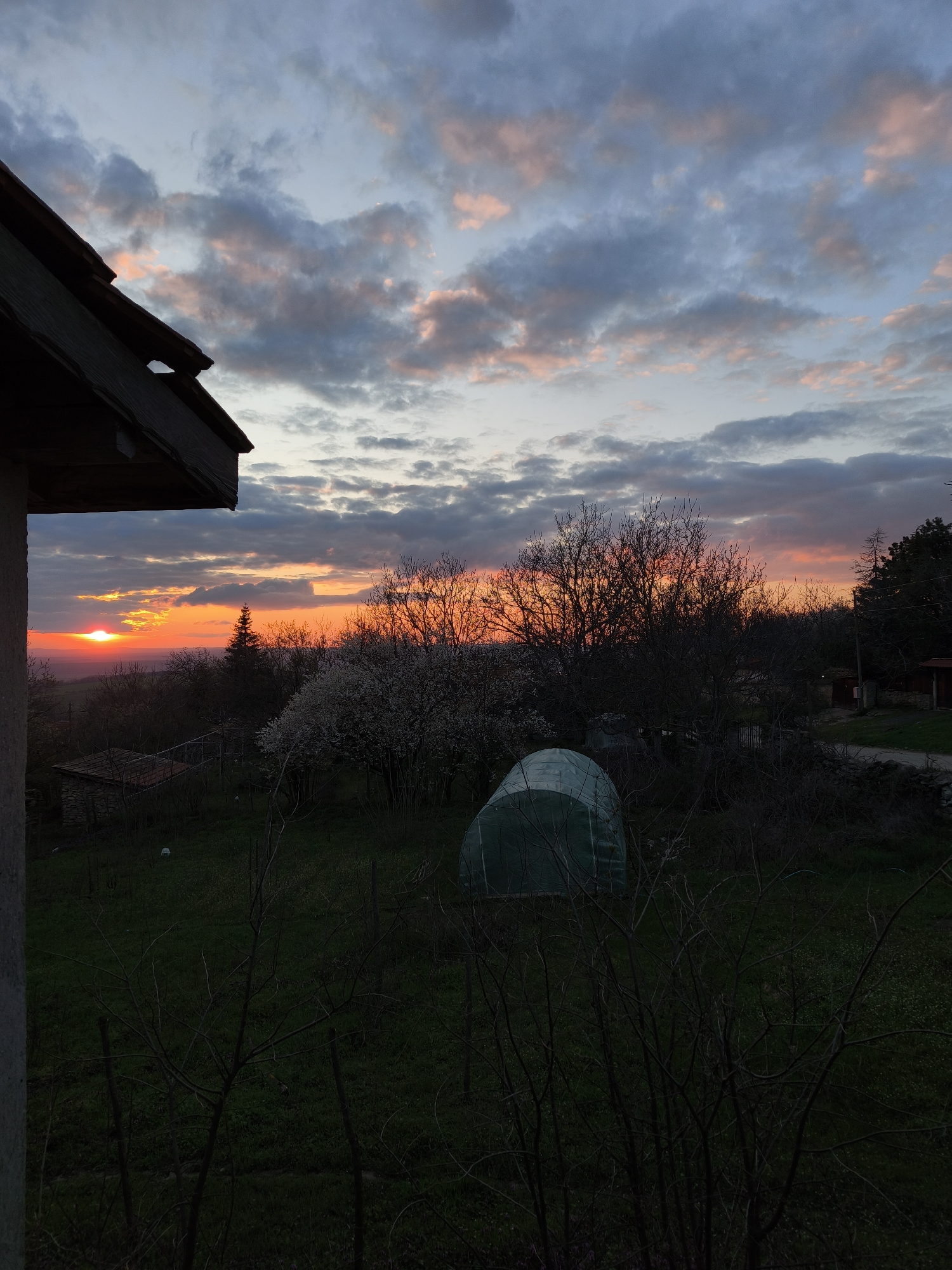 The image depicts a sunset scene in Avren, Bulgaria. From the vantage point of a building's edge, including the roof, a view opens to a field with a greenhouse. Trees, some flowering white, are silhouetted against the orange glow of the setting sun. The sky is a mix of blue, gray, and pink clouds, indicating twilight. The foreground shows sparse vegetation and bare branches. In the distance, the sun is positioned on the horizon.