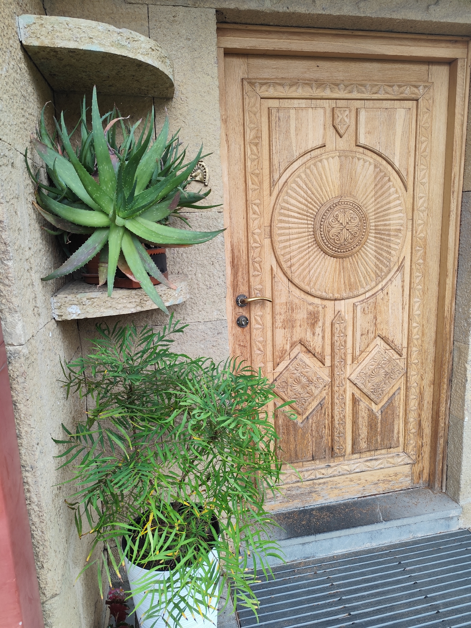 This is a medium-angle, eye-level, outdoor, full-shot photograph of a wooden door with intricate carvings in Mtskheta, Georgia. The door is made of light-colored wood and features a large circular motif with sun-ray-like carvings at the top, flanked by decorative borders and diamond-shaped panels below. A brass door handle and a keyhole are visible on the left side of the door. To the left of the door, a textured stone wall is present. A stone shelf juts out from the wall, supporting a potted aloe vera plant with thick, green leaves. Below the shelf and in front of the door, a potted green plant with thin, spiky leaves is placed. The ground in front of the door is a metal grate. The scene is brightly lit, suggesting daytime. There are no people visible in the image.